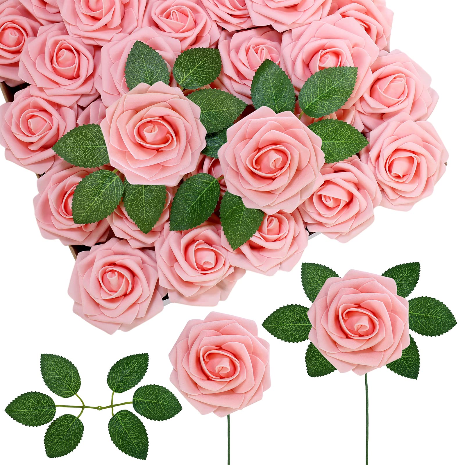 Amazon.com: Winlyn 50 pcs Real Touch Blush Pink Roses with Stems & Silk ...