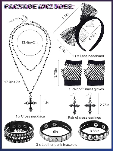 Miniatura 2 de 7 piezas de accesorios de disfraz de los años 80 para mujer, pulsera punk de cuero para Halloween, collar de cruz negra, diadema de encaje, guante