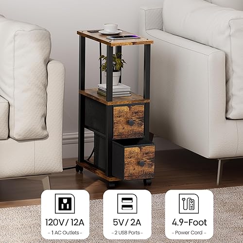 Miniatura 7 de TUTOTAK Mesas pequeñas estrechas, mesas auxiliares con 2 cajones de tela, juego de 2, mesitas de noche con estación de carga para espacios pequeños,