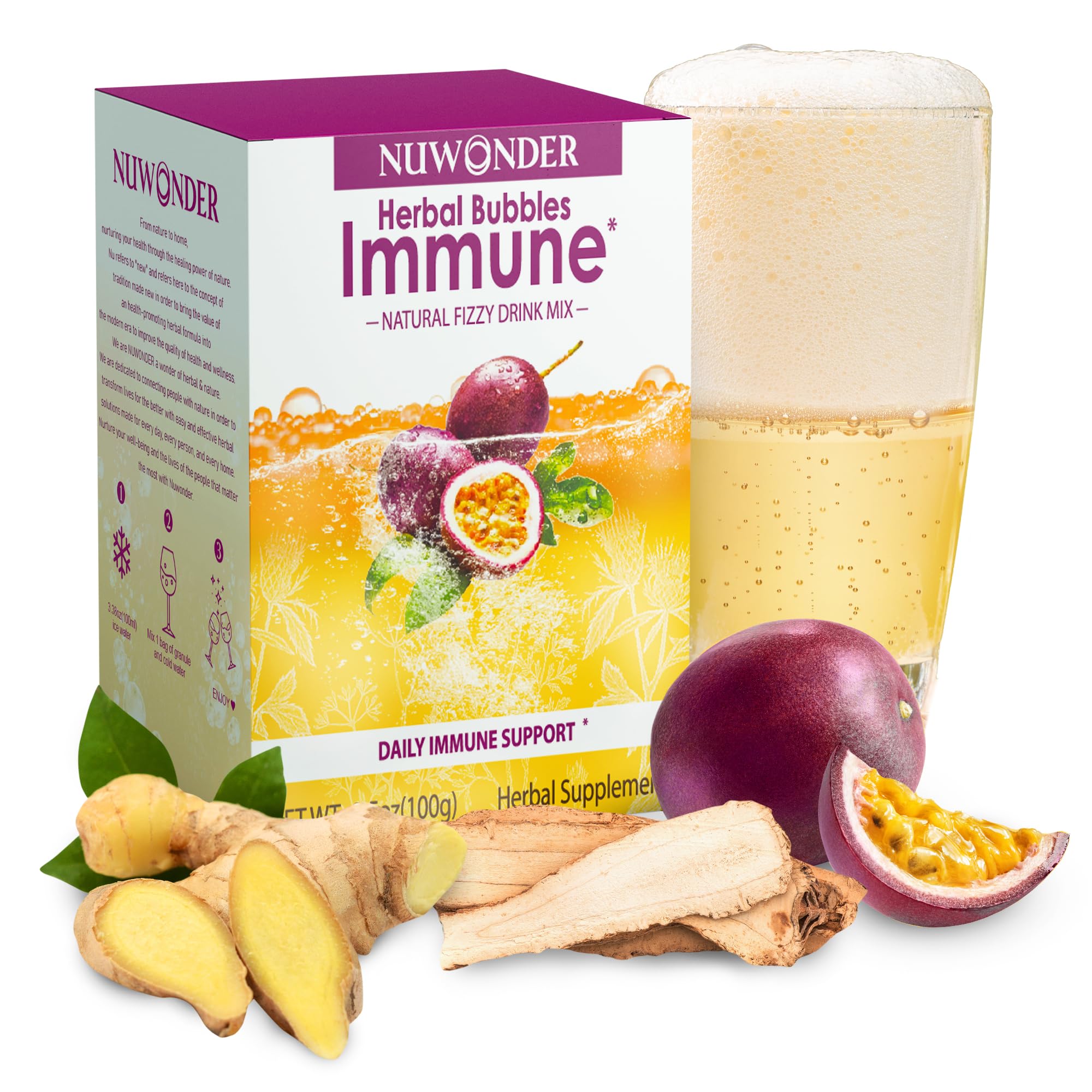 Immunity Support Herbal Supplement made with Astragalus, Ginger, Jujube, Atractylodes, Natural Passion Fruit Flavor, Fizzy Bubbles, No Artificial Ingredients, Immune Booster Drink Mix 10packs