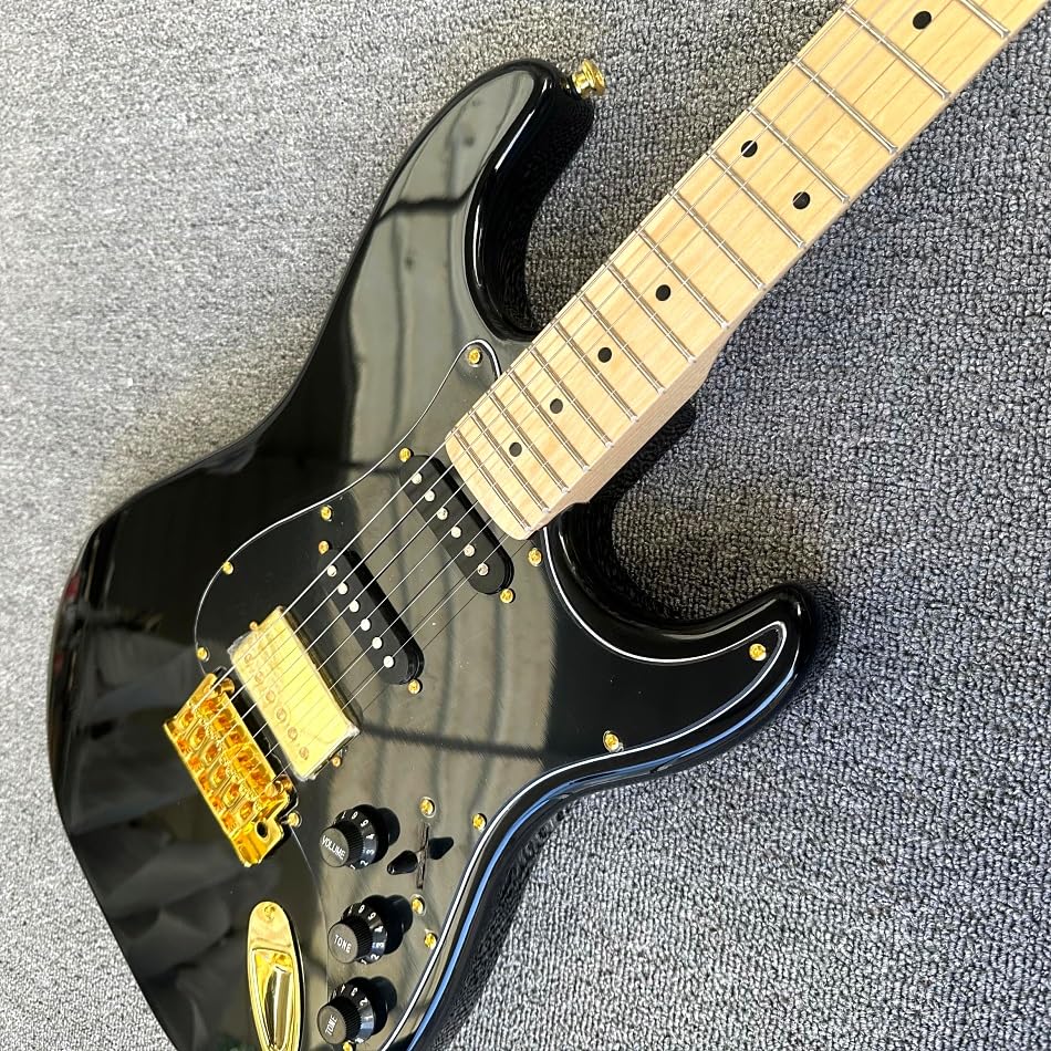Chitarra elettrica nera personalizzata con tastiera in acero e hardware dorato - Guitarra Electrica professionale