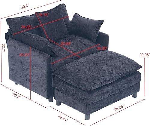 Miniatura 2 de Silla decorativa moderna con otomana, silla de club de gran tamaño de 39.4 pulgadas de ancho, sillón tapizado de felpilla negra, silla de lectura