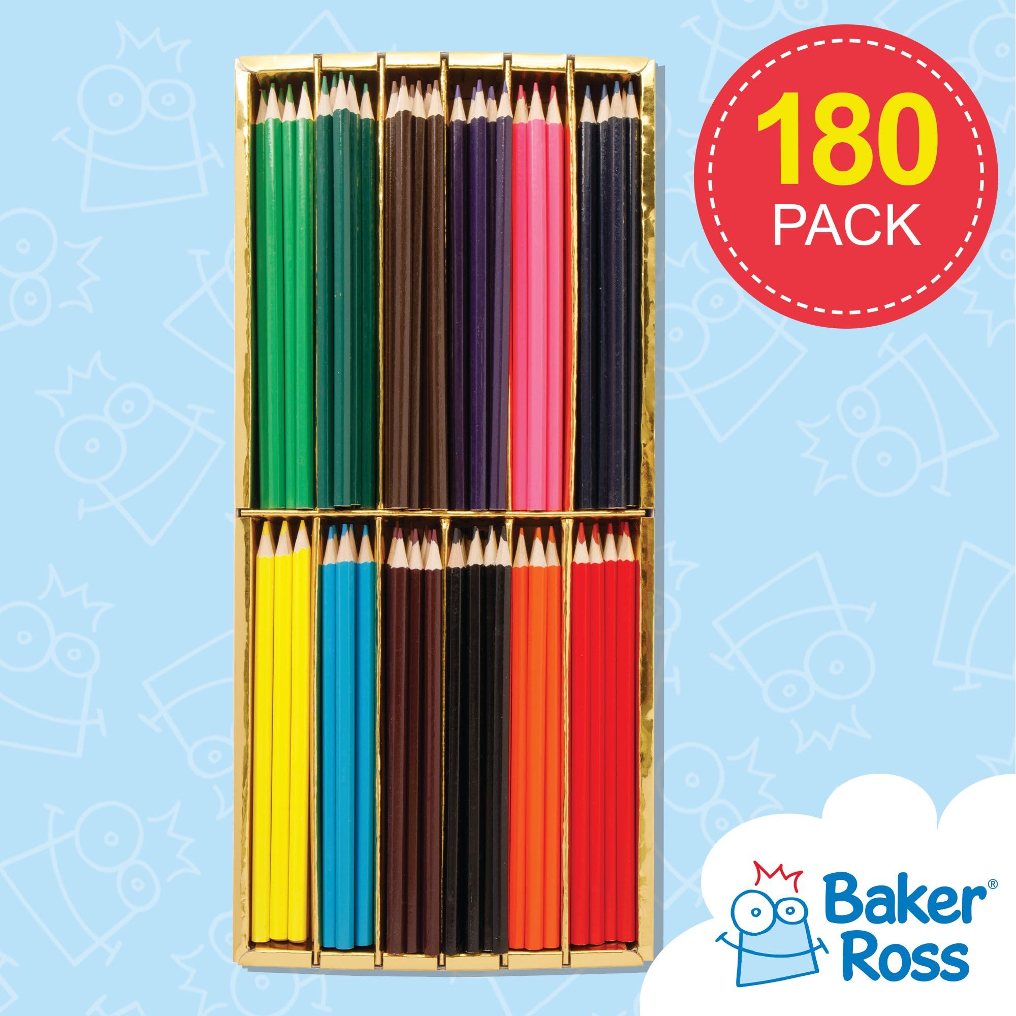 Baker Ross FE416 Ensemble d'art de crayons de couleur - paquet de 180, ensemble de coloriage pour enfants, crayons de couleur pour enfants, fournitures d'arts et d'artisanat