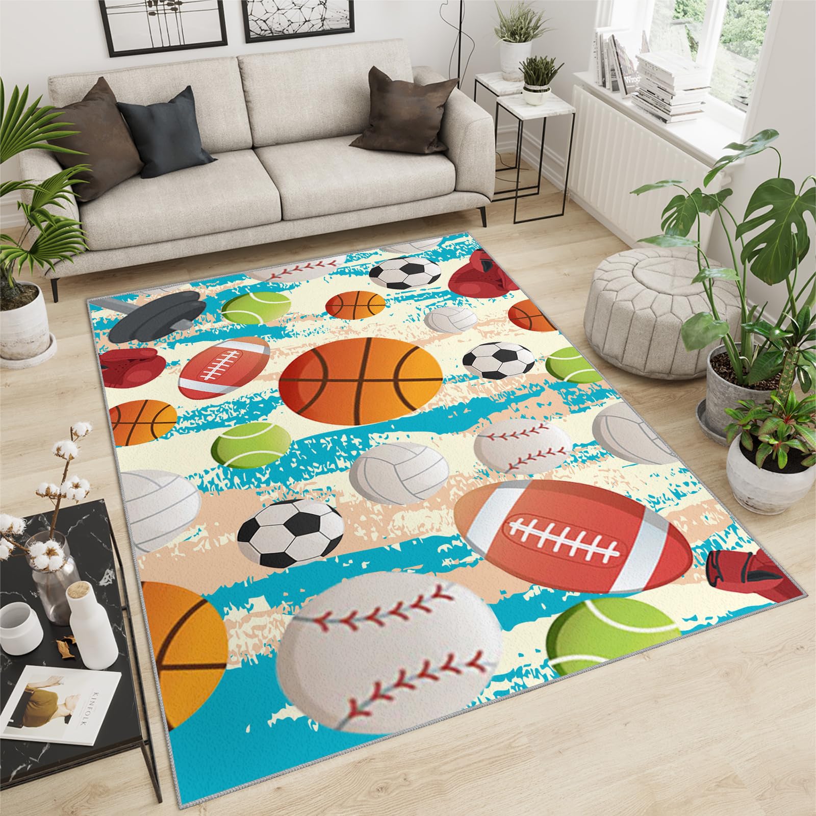 QDJKBL Area Rugs 180 X 270 Cm Basketball Soccer Volleyball Movement Sports, 3D Modern Cartoon Children'S Rug Large Area Rug, Shock Absorption Carpet Bright Color for Bedroom Living Room