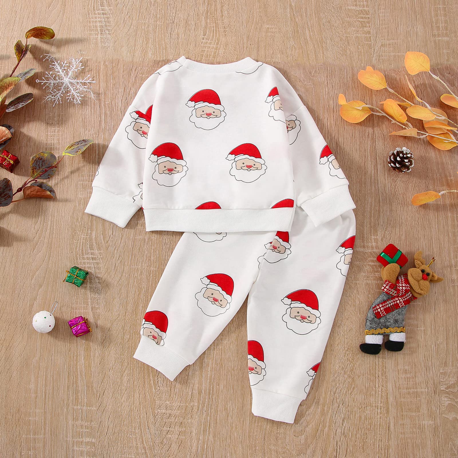 Toddler Newborn Baby Boys Girls Christmas Outfits Santa Long Sleeve Sweatshirts and Long Pants 2Pcs Clothes Set (K-White, 12-18 Months)