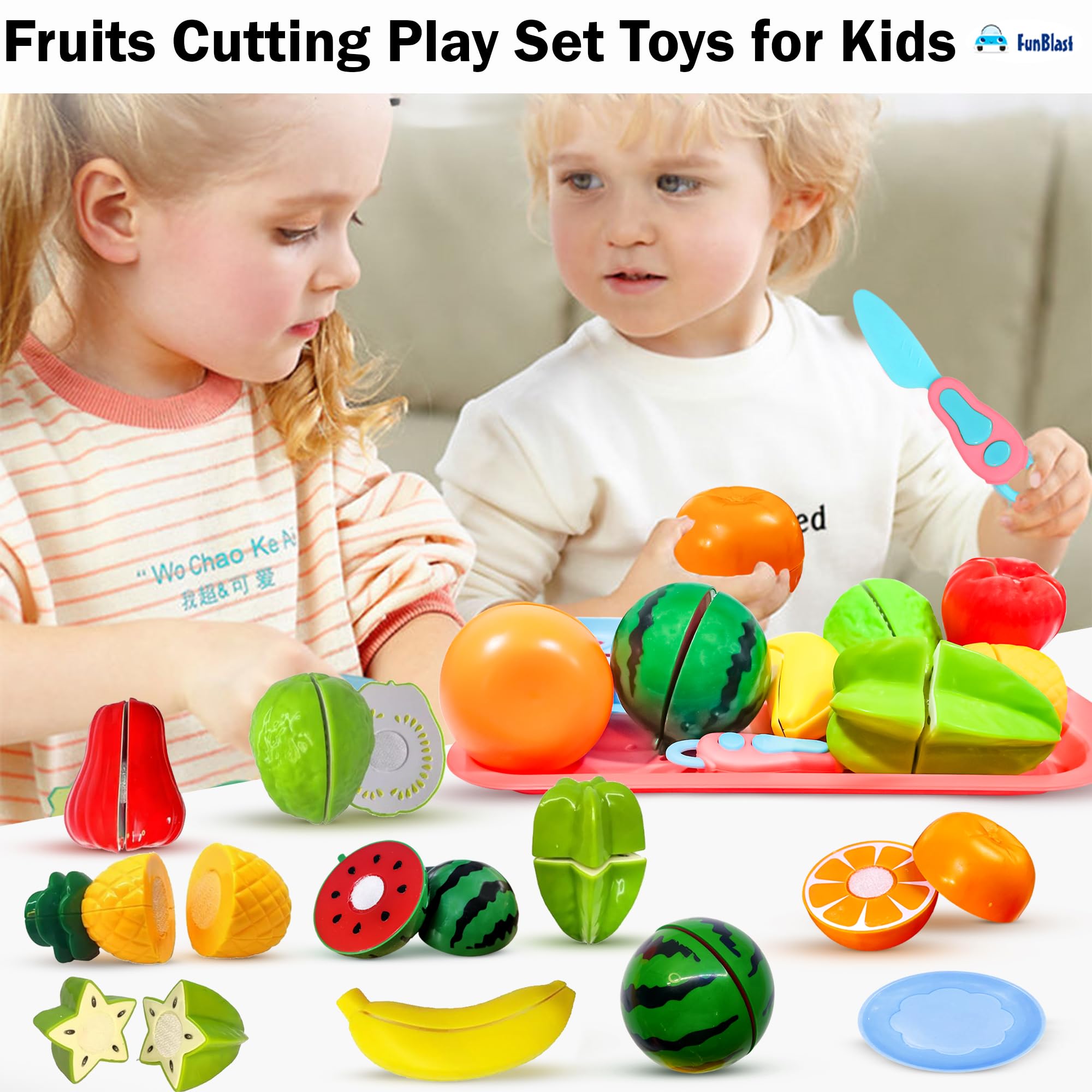 FunBlast Fruits Cutting Play Set Toys for Kids - 11 Pcs Realistic Sliceable Cutting Fruits Pretend Play Kitchen Toys for Kids, Play Food Toys with Chopping Board, Tray & Knife (Multicolor-B) 3