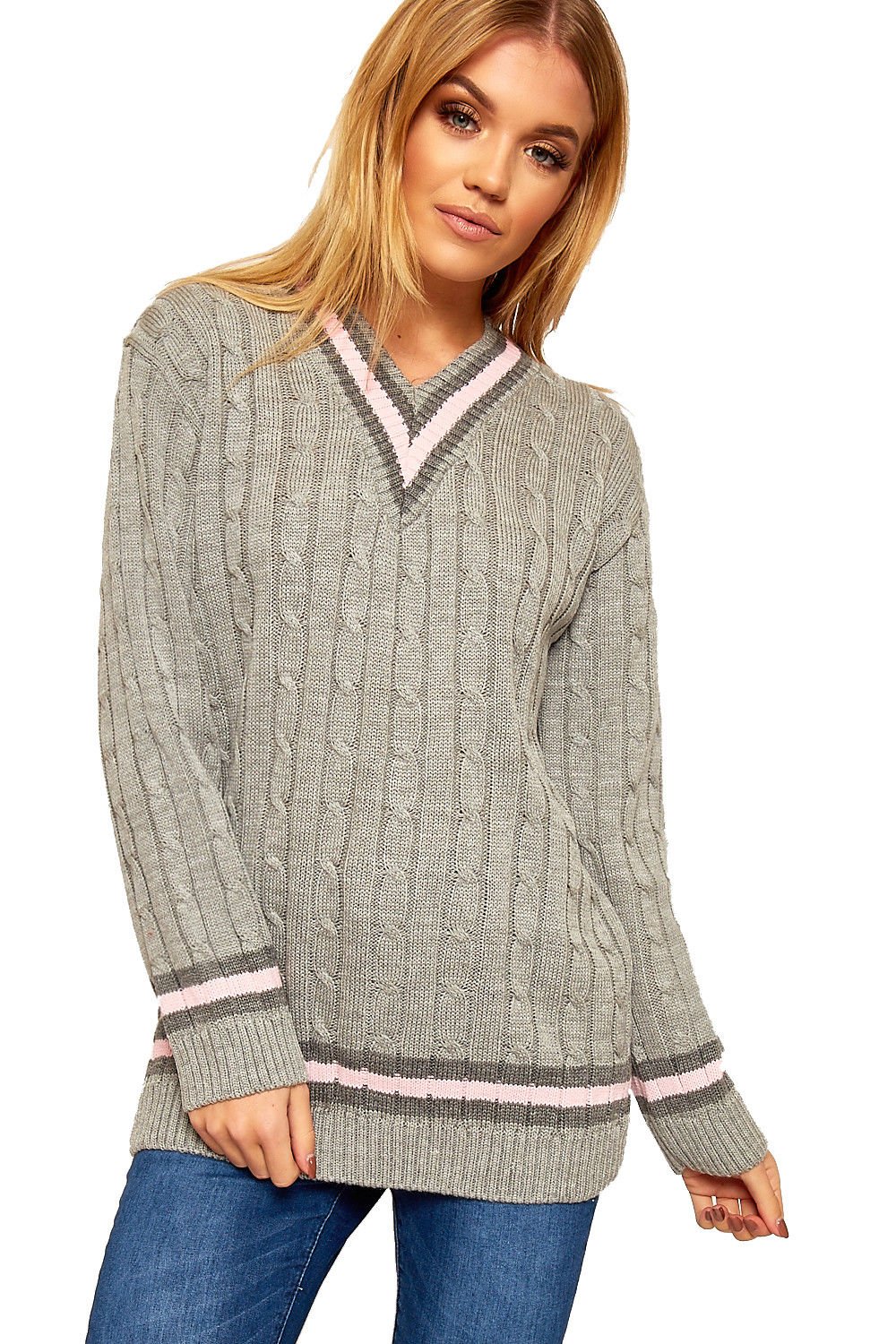 Minni Rossa Ladies V Neck Cable Knitted Cricket Jumper Womens Stretch Long Sleeve Stripe Top Sweatshirt (M-L, Grey-Charcoal/Pink)