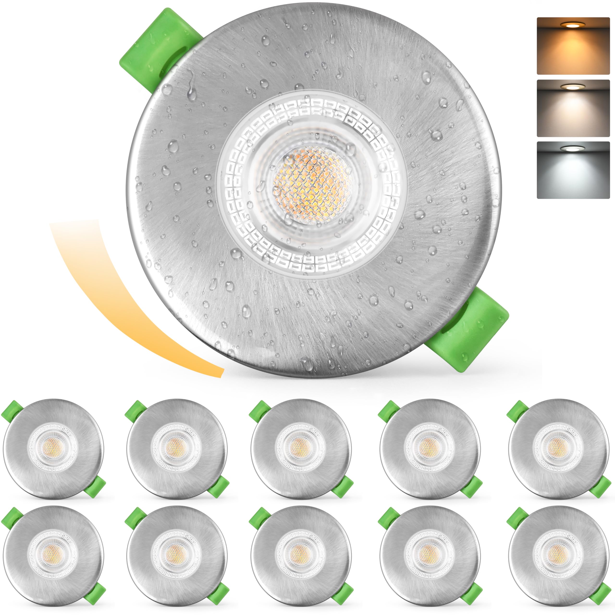 KYOTECH Foco LED Empotrado 230V Regulable en Intensidad 60-75mm Taladro, Spot LED 7W 770LM Ultra Plano, Spot de Techo 2700K/4000K/6000K, Luminaire Empotrado IP65 para Baño, Níquel Cepillado 10 Piezas
