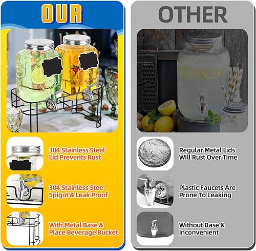 Miniatura 4 de Dispensador de bebidas y dispensador de agua de vidrio, paquete de 2 dispensadores de bebidas de 1 galón con soporte, con núcleo de hielo, espiga de