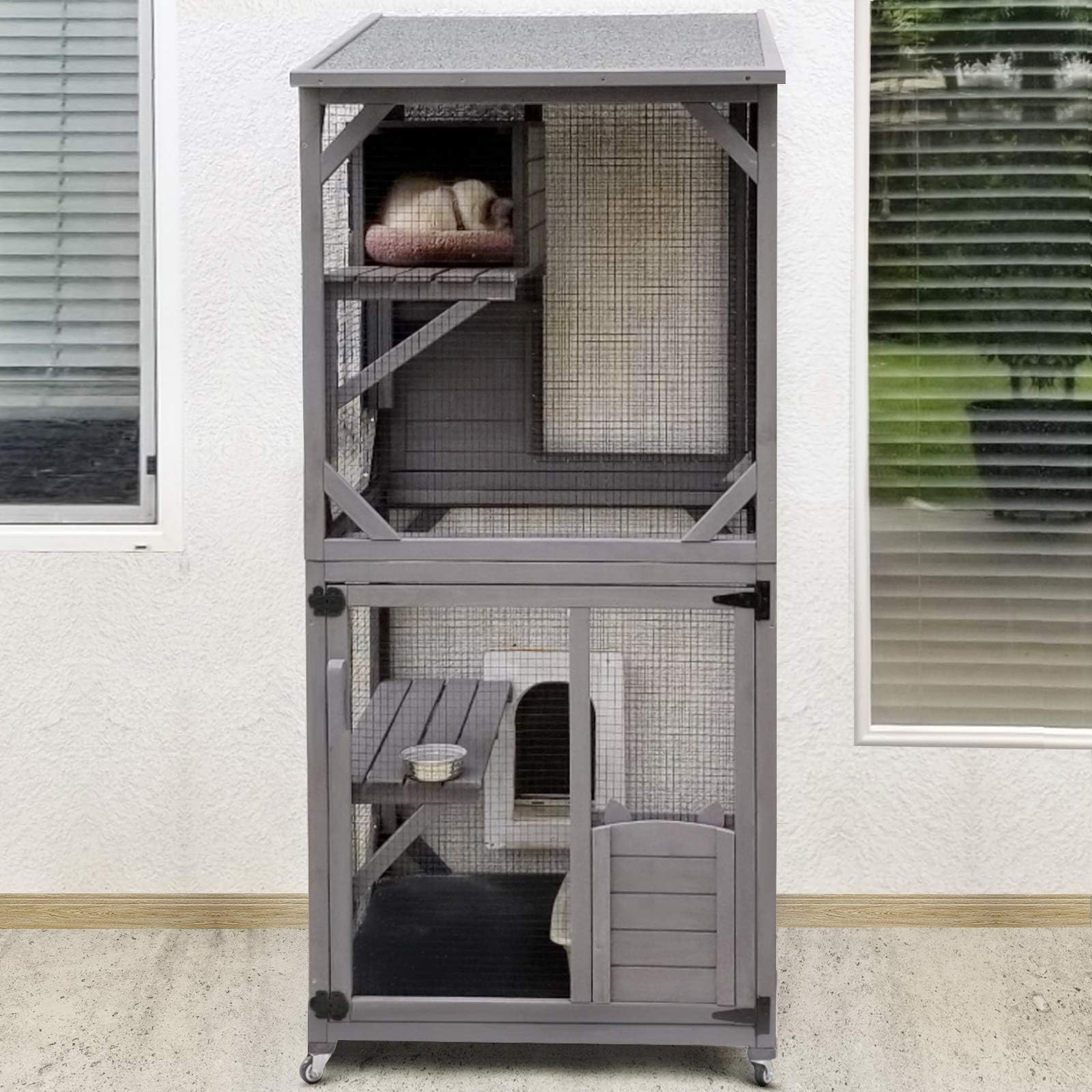 XZONE PET Catio Wooden Cat House, Outdoor 3 Floors Cat
