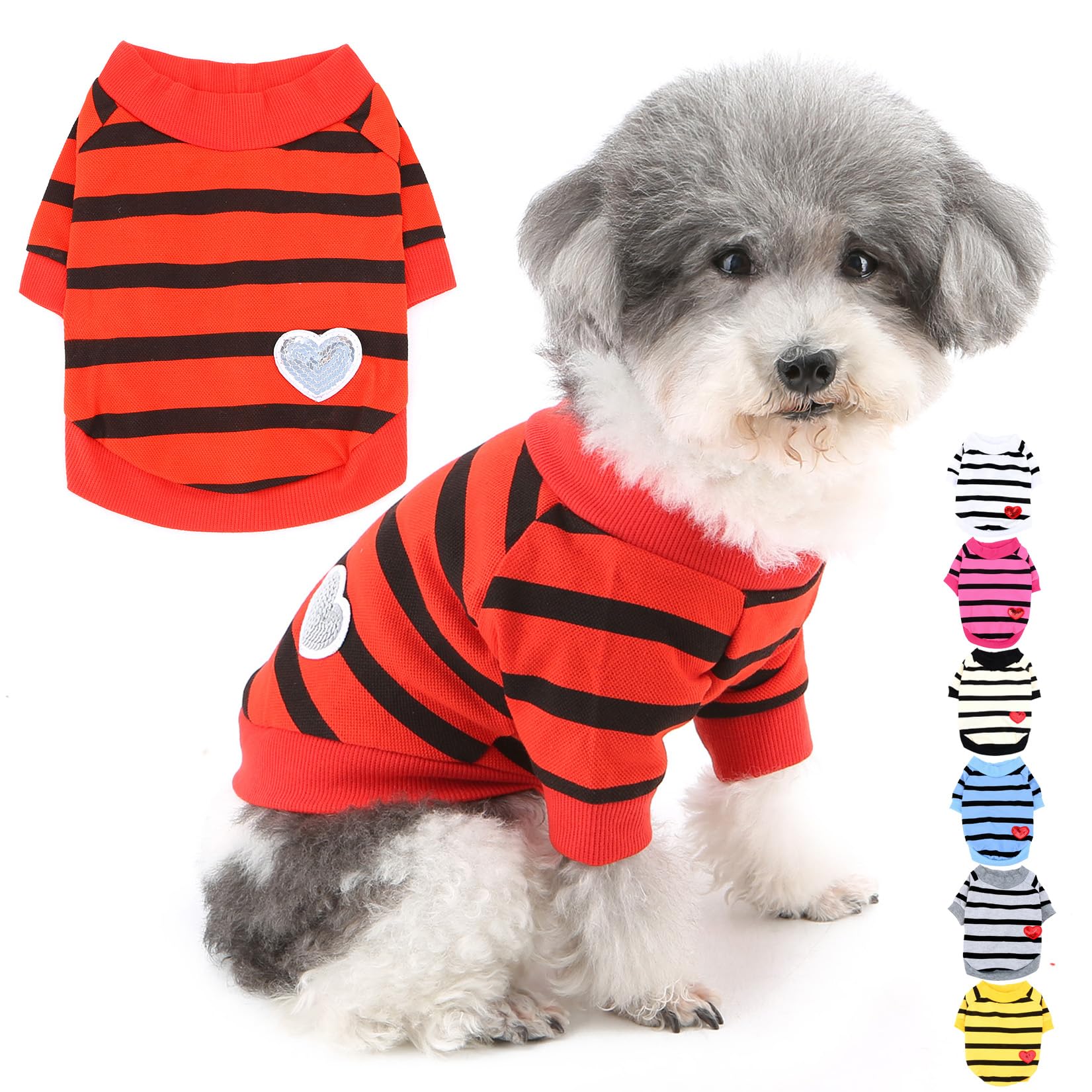 Zunea Dog Shirts for Small Dogs Summer Basic T-Shirt Striped Puppy Clothes Sequins Love Heart Sweatshirt Soft Short Sleeve Tee Shirt Pet Clothing Pullover Chihuahua Apparel Red XL โ image 1