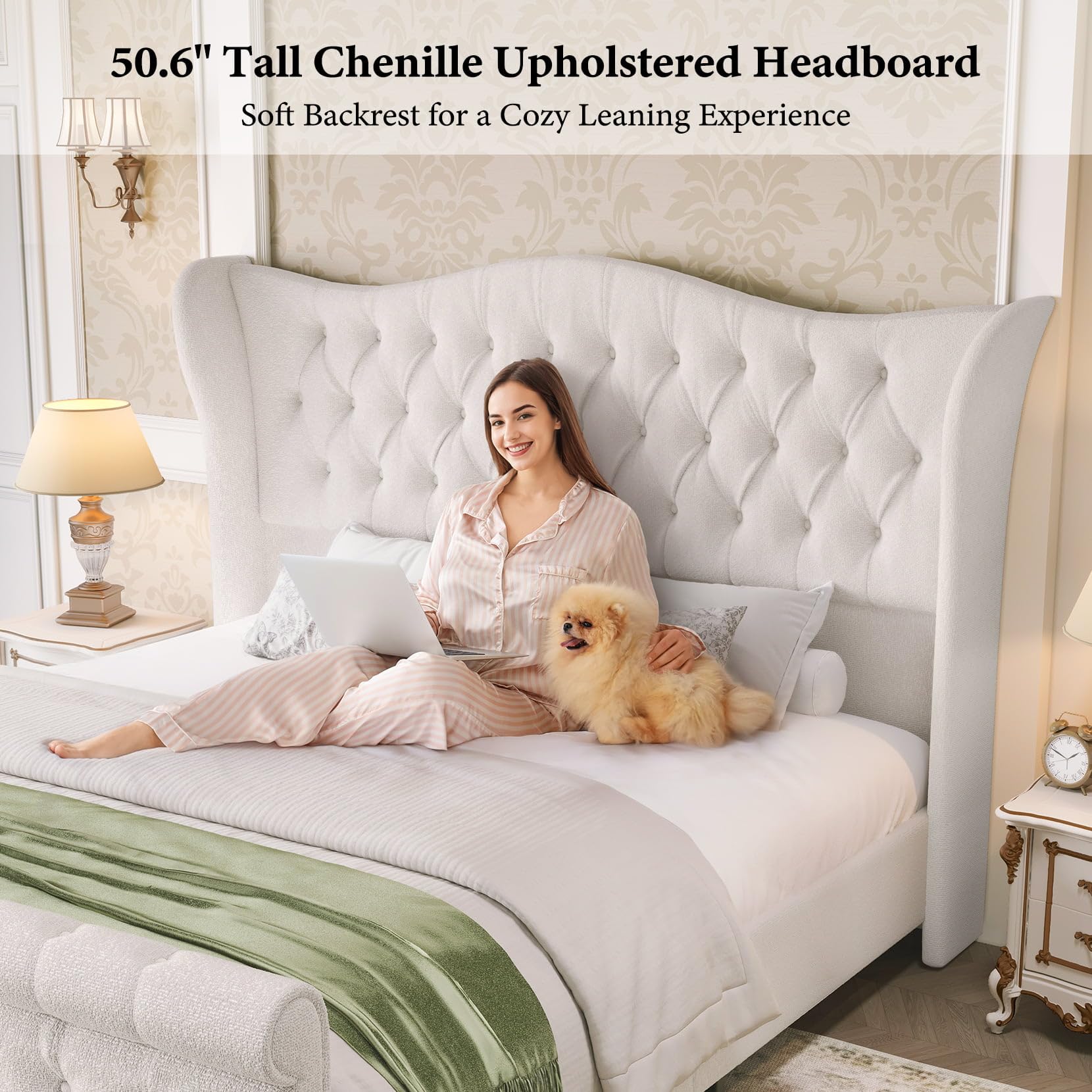koorlian Queen Size Bed Frame-Chenille Upholstered Platform Sleigh Bed-51 Scroll Wingback Tall Headboard & Footboard/Deep Button Tufted/Easily Assemble/Wood Slats Support/No Box Spring Required/Cream: Cream Chenille King