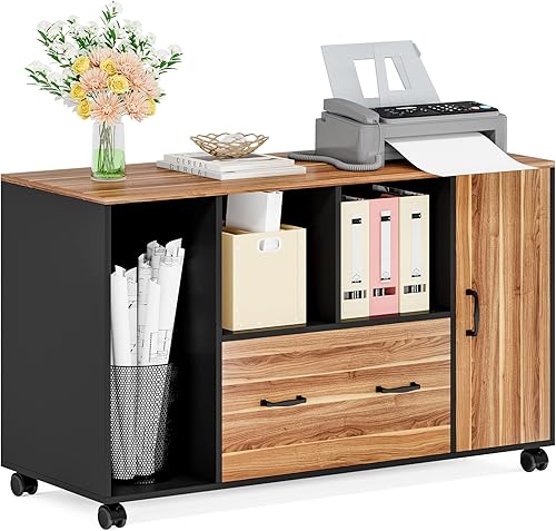 Archivador rodante con cajón y puerta, archivador móvil con estantes de almacenamiento y soporte para CPU para oficina en casa, sala de estar