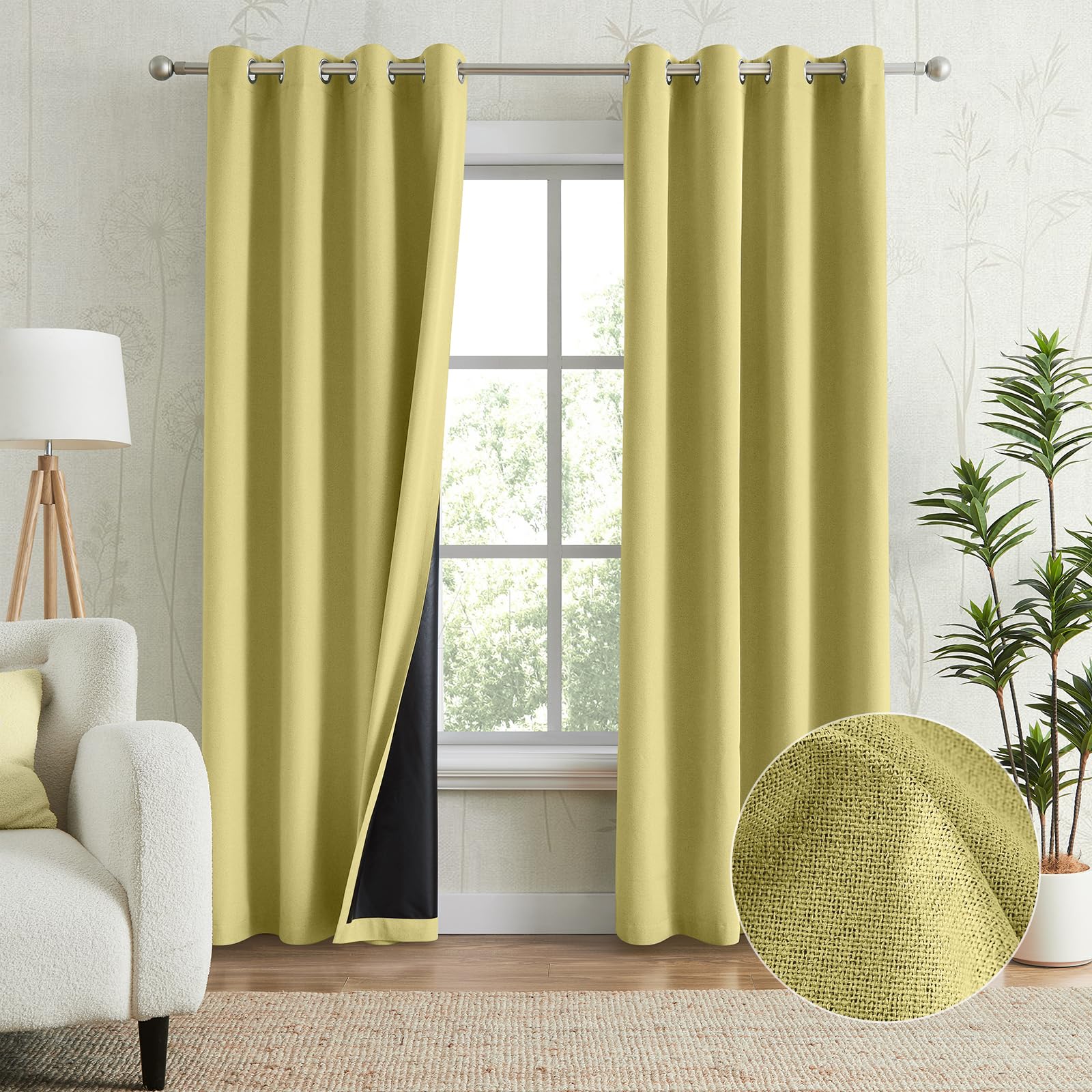 melodieux 100% blackout linen textrued curtains for living room, full light blocking thermal insulated grommet curtain drapes with black back for bedroom, 52 x 108 inch, yellow (2 panels)