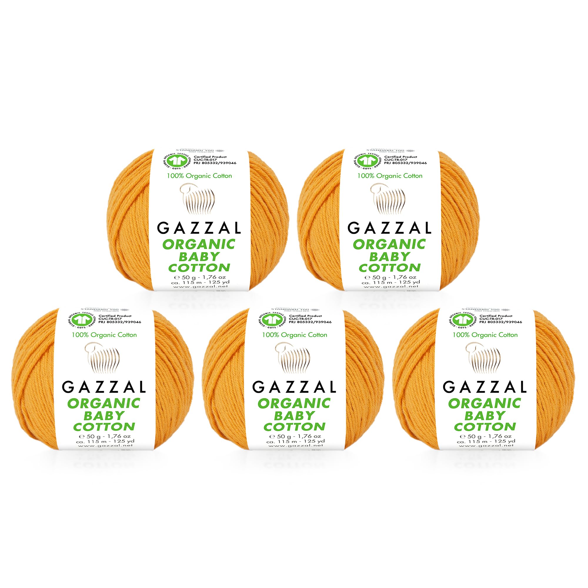 5 Ball (Pack) Gazzal Organic Baby Cotton Yarn, Total 8.8 Oz. 100% Organic Cotton, Each 1.76 Oz (50g) / 125 Yrds (115 m), 3 Light DK, Mustard Yellow - 418