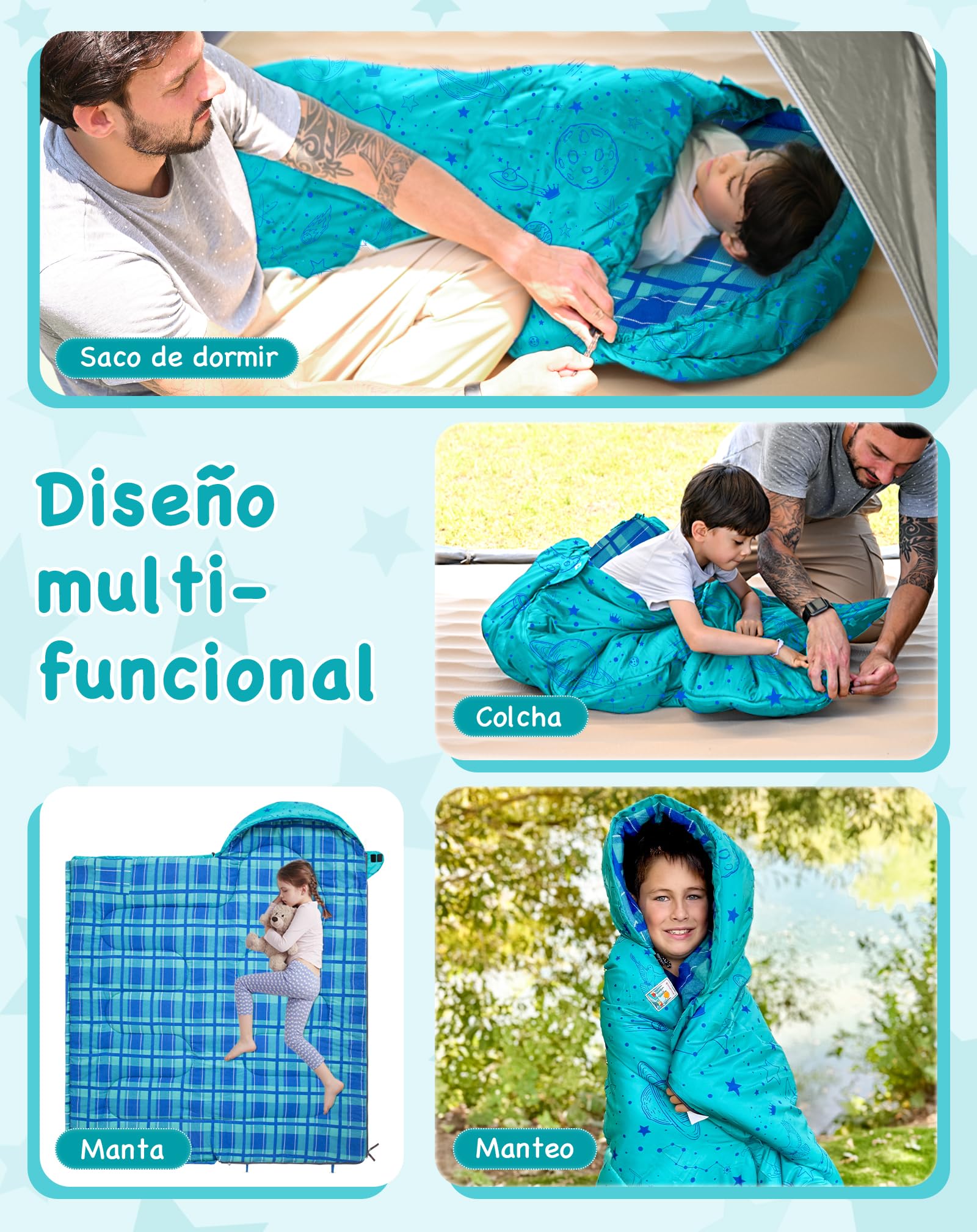 KingCamp Saco de Dormir Niños Franela de Algodón | 170 X 70 cm | 7℃ a -13 ℃ | Cálido y Cómodo para Niñas(Altura máxima hasta 145 cm) | Invierno Camping Accesorios, Viajes y Actividades