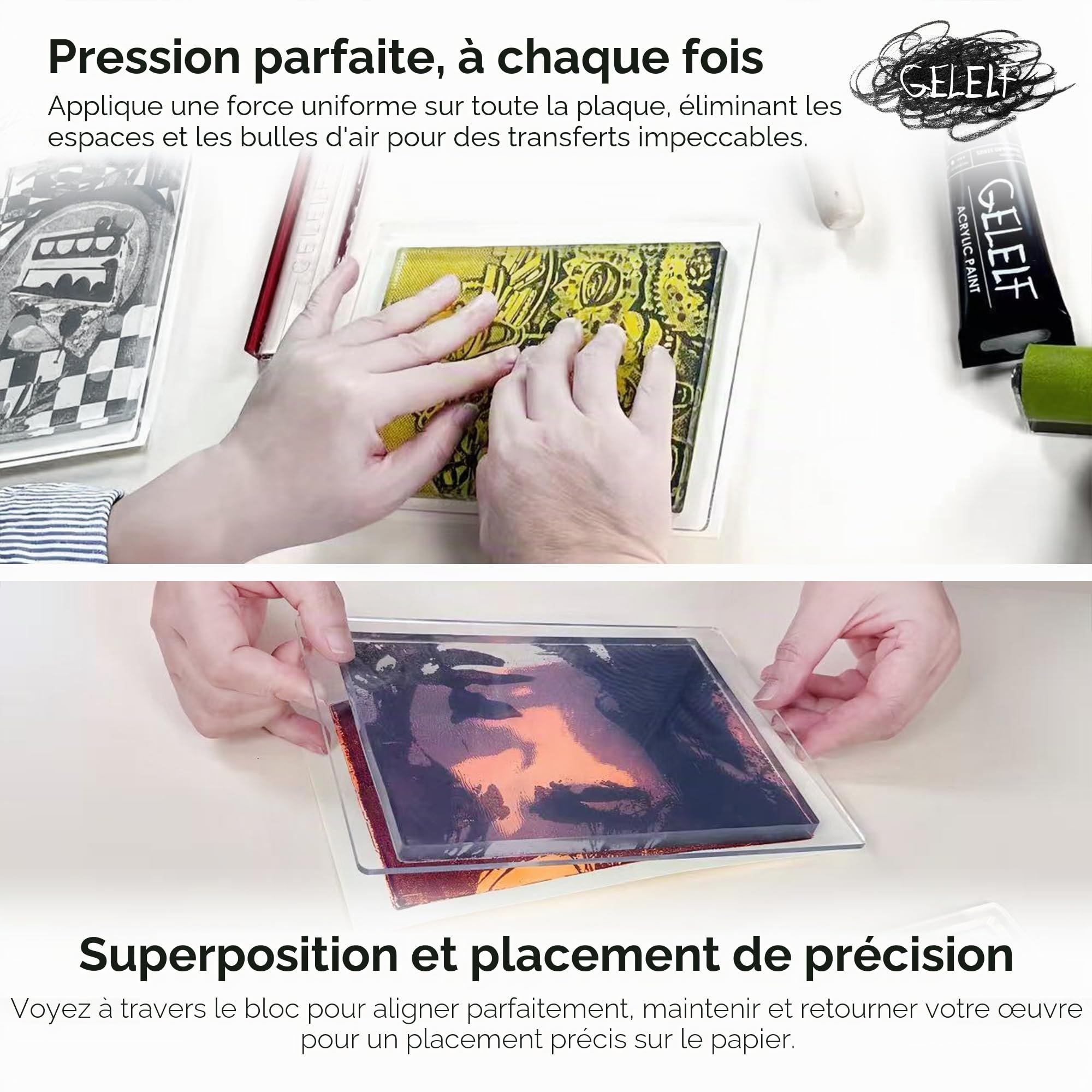 Kit de plaque d'impression gel – Plaque de gel de 12,7 x 17,8 cm avec bloc d'estampage en acrylique – La poignée pour un levage facile et une presse uniforme pour les débutants, les artistes