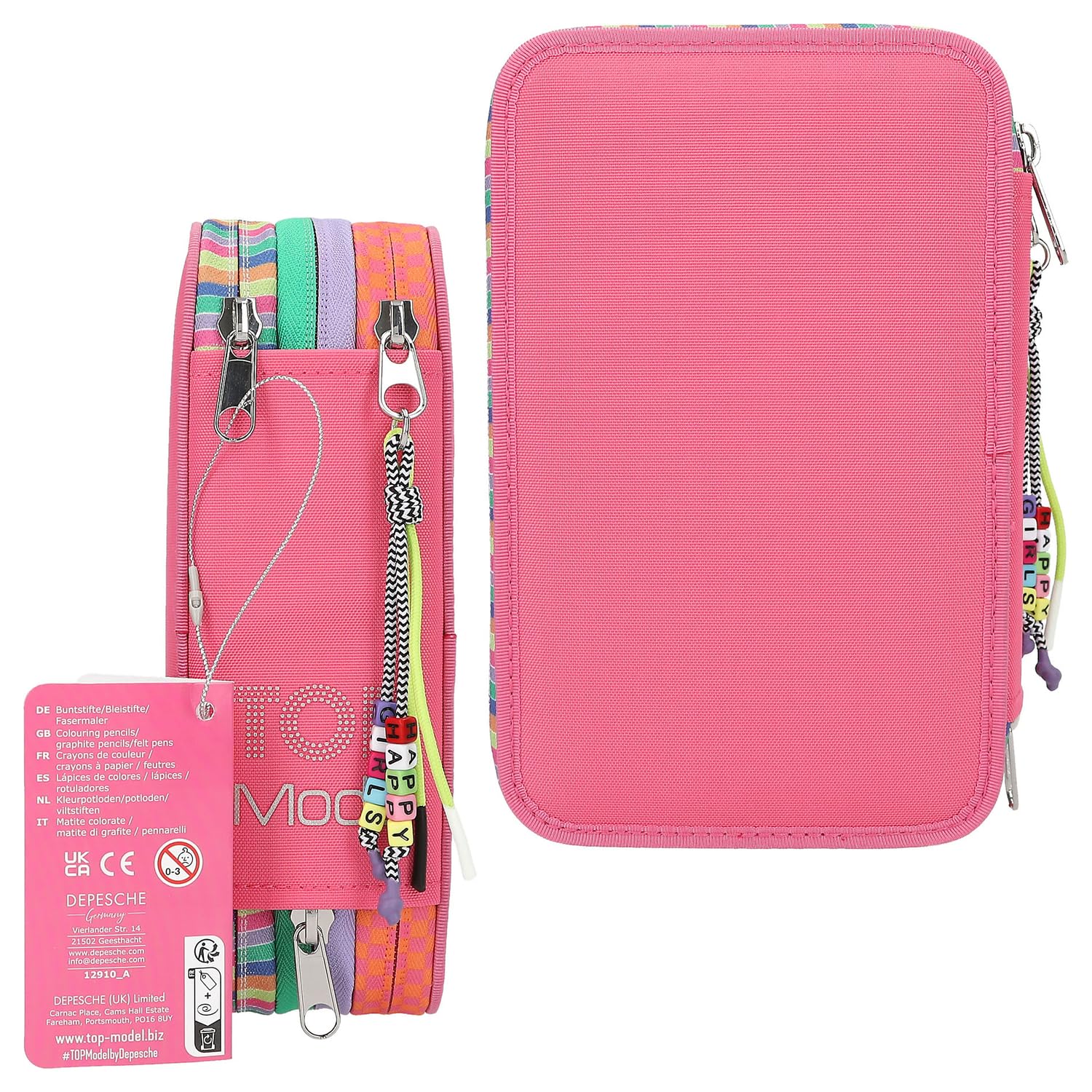 Depesche 12910 TOPModel Joy - Gefüllte 3-Fach Federtasche in Pink, mit Model Motiv und Anhänger, Federmappe mit Buntstiften, Lineal, Schere uvm.
