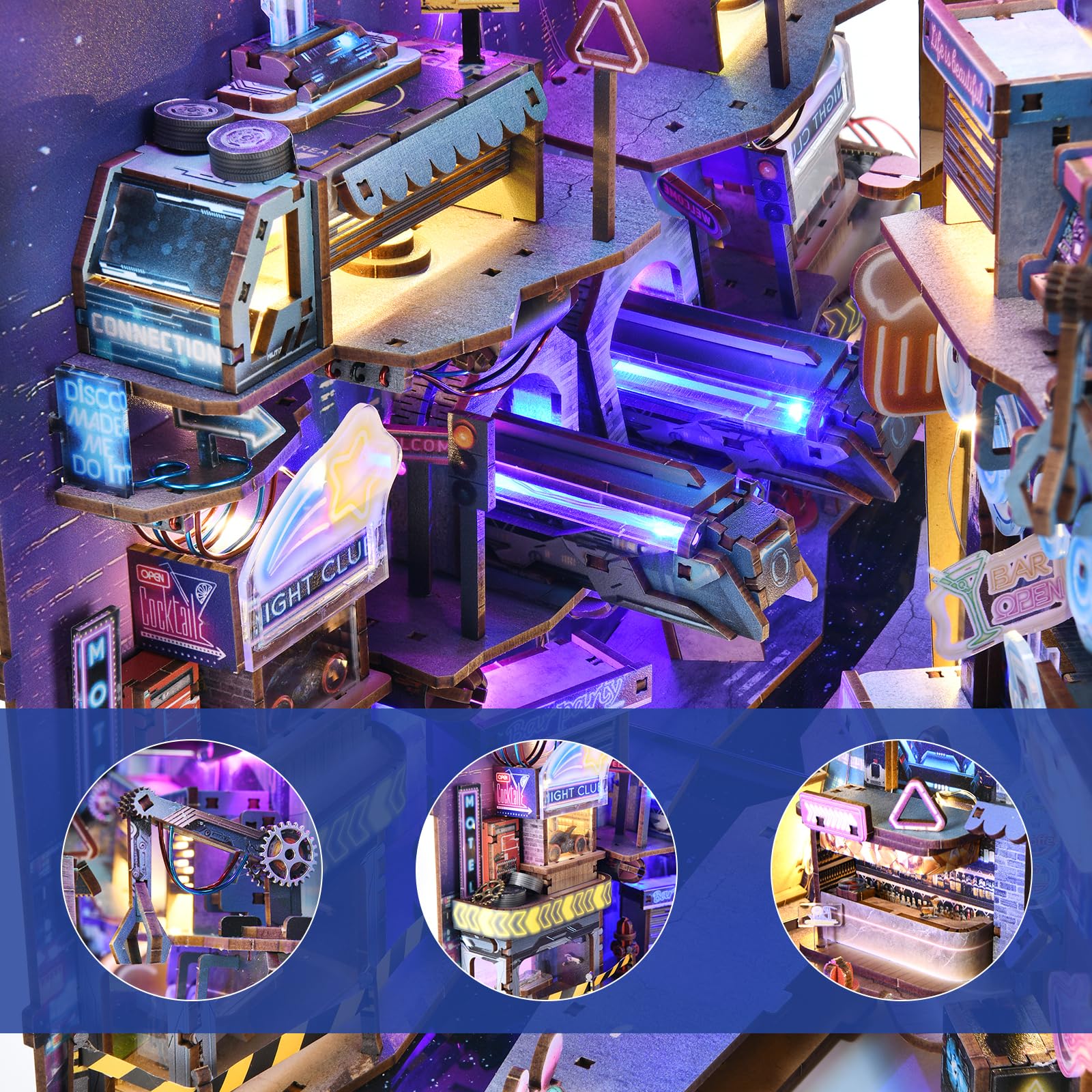 MiniCity, Book Nook Kit, Kit fai da te per casa delle bambolo in miniatura, puzzle in legno 3D, con inserto decorativo con luce LED per ragazzi e adulti, tema dimensioni infinite