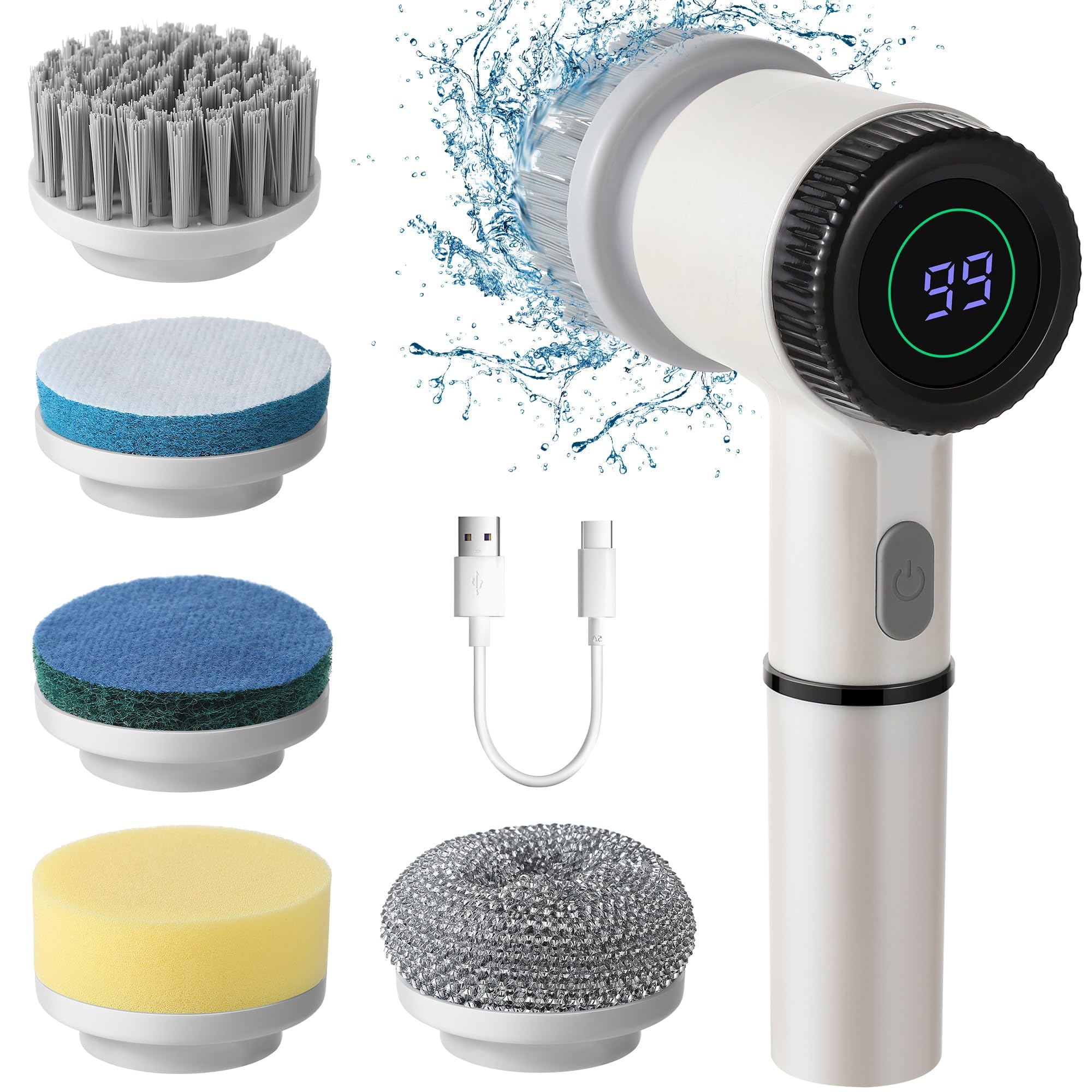 Electric Spin Scrubber, Rechargeable Scrubber with Battery Level Display, 6 Replaceable Heads, 3 Adjustable Speeds, Perfect for Cleaning Bathroom, Tile, Cars, Floor, Electric Scrub Brush for Tub