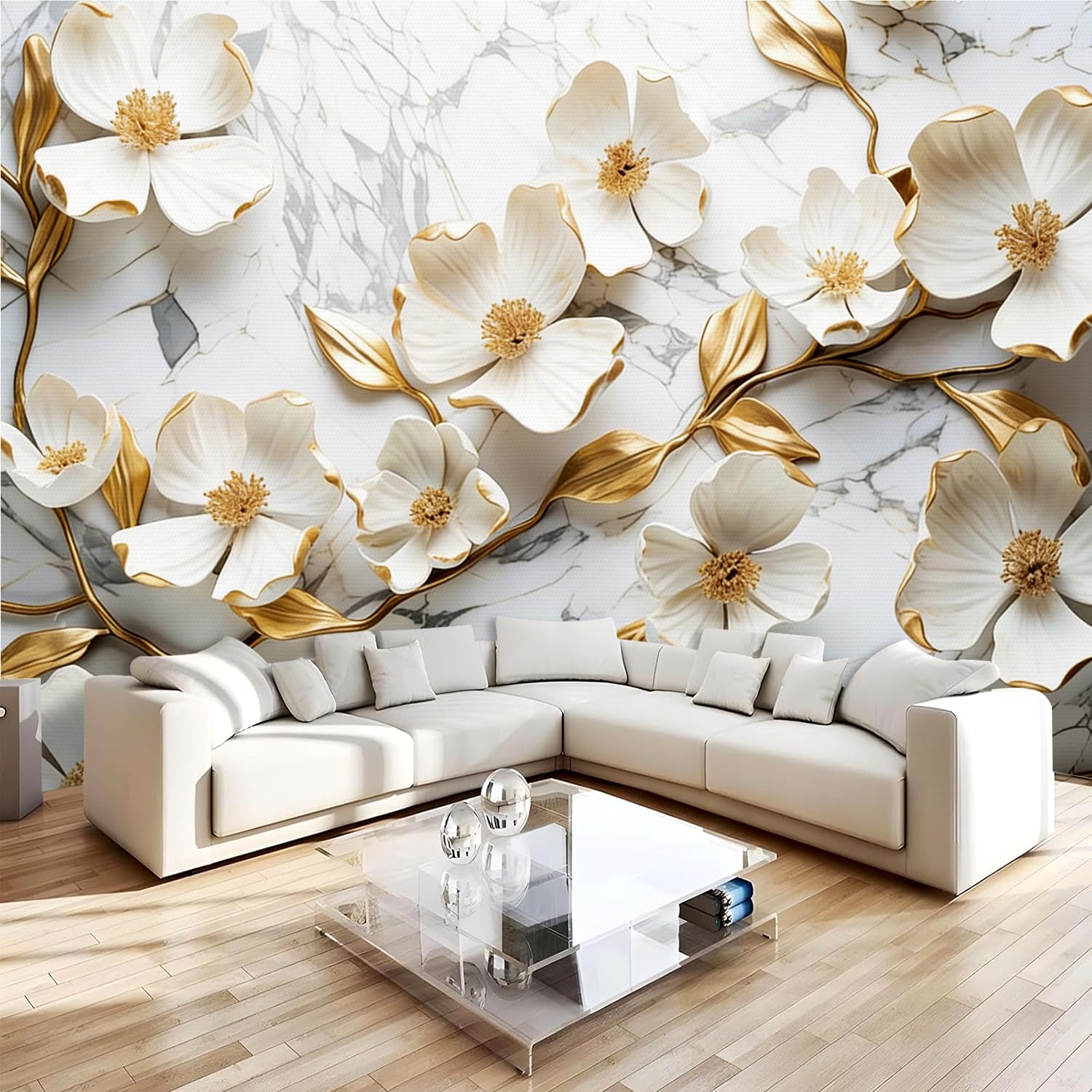 Carta da parati effetto 3D Fiori Moderni 250 x 175 cm Murale Non Tessuto Bianco Fotomurale Stampa HD Moderna Poster Per Soggiorno E Camera Da Letto Design 1M3895