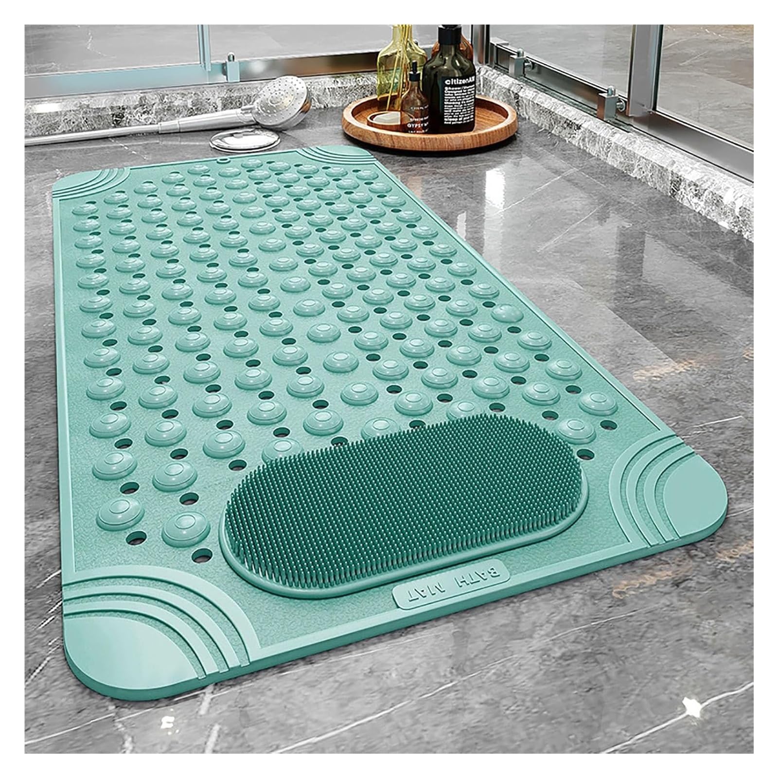 Dywanik prysznicowy， Maty prysznicowe do prysznica wewnętrznego, z miejscem masażu stóp, otworami spustowymi i przyssawką(Light Gray,60 * 90cm)