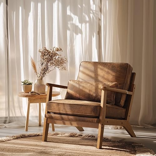 VINGLI Solid Wood Wide Armrests Accent Chair,Upholstered Mid Century Modern Chair with Pillow,Comfy Reading Chair Farmhouse Arm Chair,Chairs Living Room,Bedroom,Guest Room,Suede,Rustic