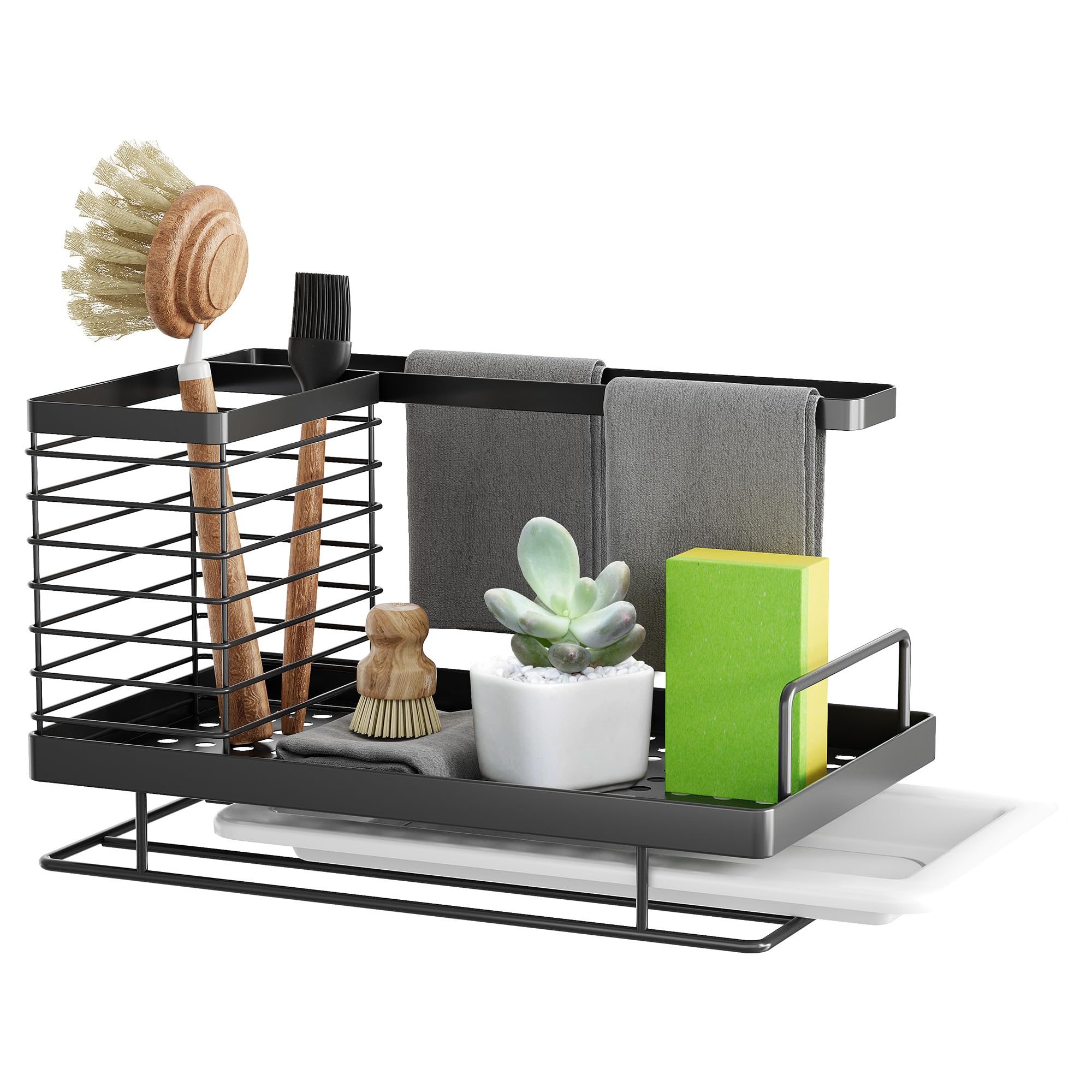 ODesign WP95 Large Kitchen Sink Caddy Organizer Sponge Soap Brush Holder with Drain Pan Tray Stainless Steel - Black