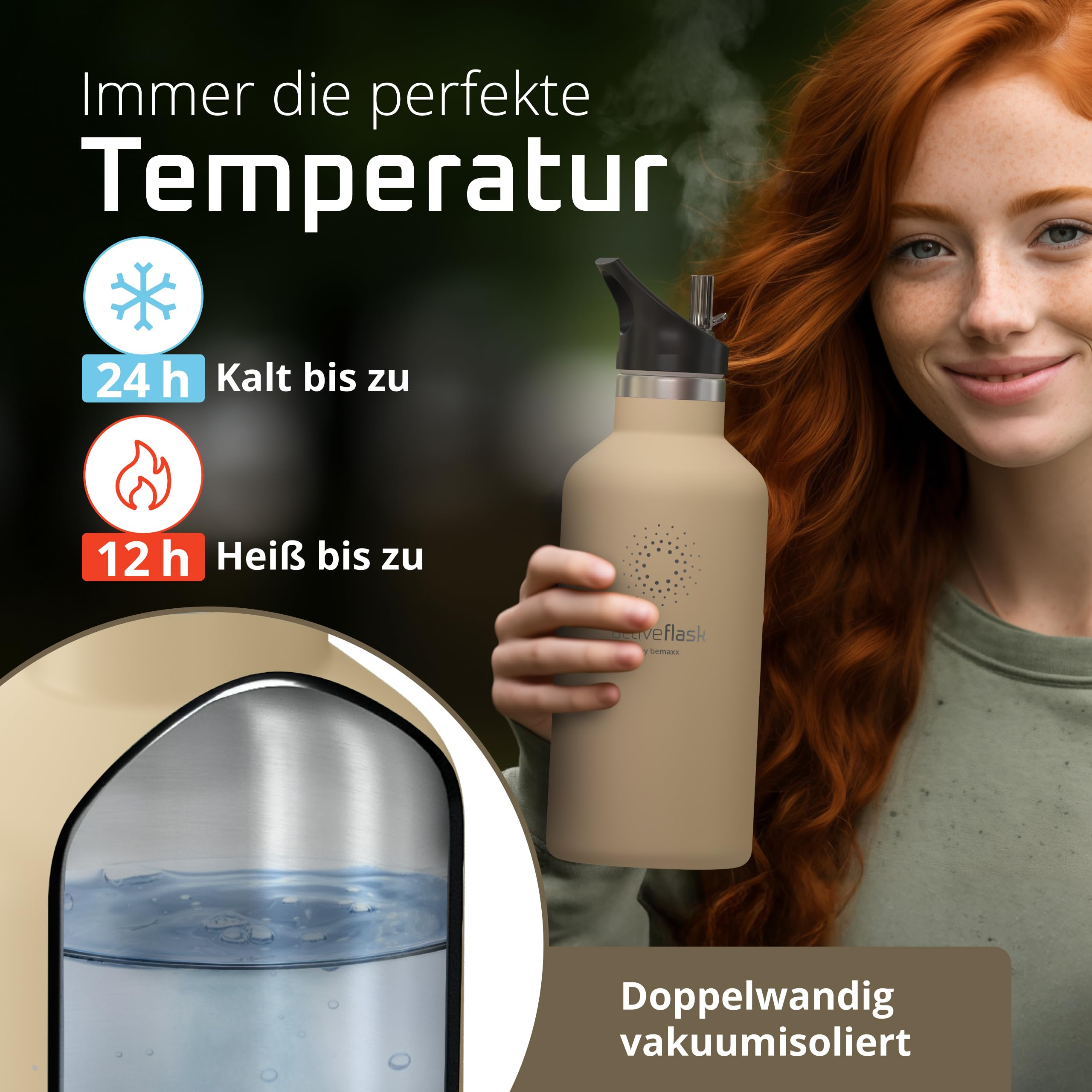 Trinkflasche Edelstahl mit Strohhalm, Infuser + 3 Deckel: BPA-frei, Auslaufsicher, Kohlensäure geeignet - Wasserflasche Fahrrad Thermosflasche Isoliert Isolierflasche Sport Wasser Flasche Kinder Tee