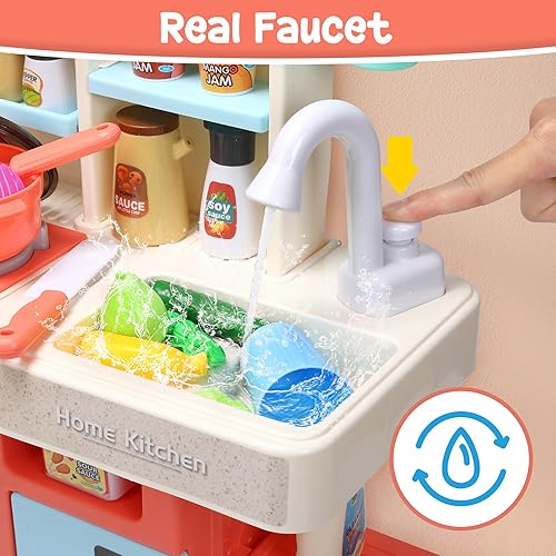 Miniatura 4 de HOLYFUN Juego de cocina para niños, juego de cocina para niños pequeños con sonido y luz, estufa de cocina con vapor, fregadero de juegos y