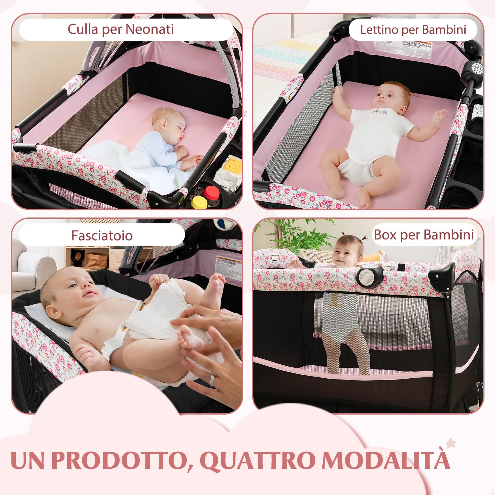 RELAX4LIFE 4 in 1 Lettino Neonato da Campeggio, Culla Next to Me con Fasciatoio, Culla Neonato Fianco Letto, Ruote Bloccabili e Borsa per il Trasporto, per Bambini 0-36 Mesi (Nero+Fiore)