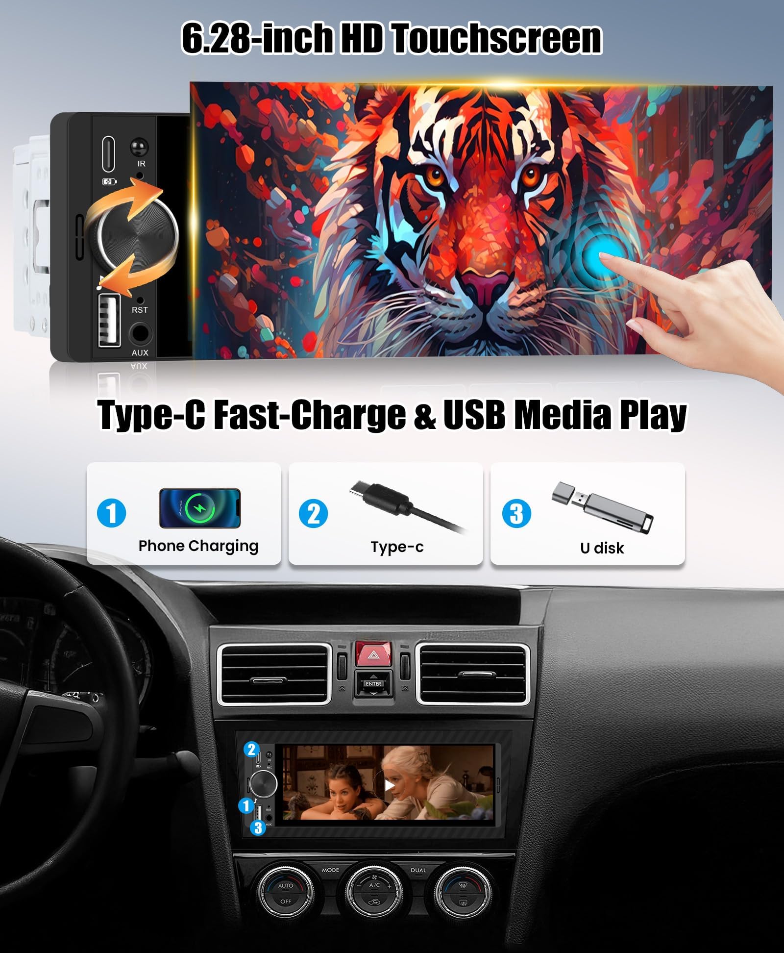 CAMECHO [CARPLAY] 1-DIN radio samochodowe z bezprzewodowym CarPlay i Android Auto ekranem IPS 6,28 cala dotykowym radio do samochodu 1 DIN z Bluetooth łączeniem lustrzanym FM EQ MP5