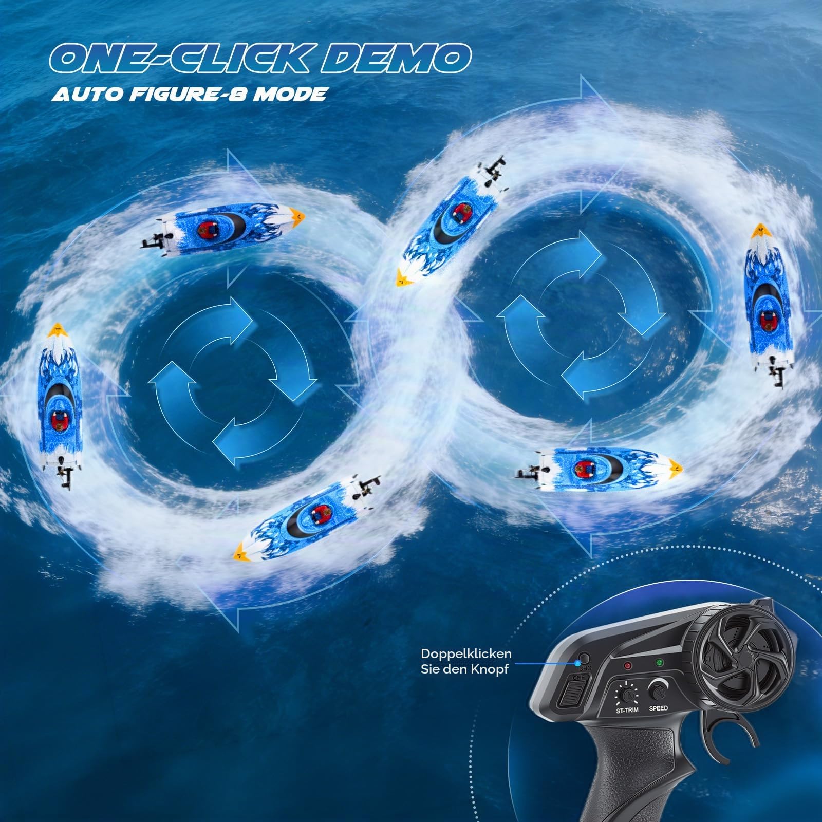 Ferngesteuertes RC Boot 25 km/h - 2,4 GHz Fernsteuerung mit 120m Reichweite - Wasserdichtes Speedboot mit LED & Flip-Funktion - 2 Akkus & Wasserkühlung für Pool See Erwachsene Kinder, Blau + Muster