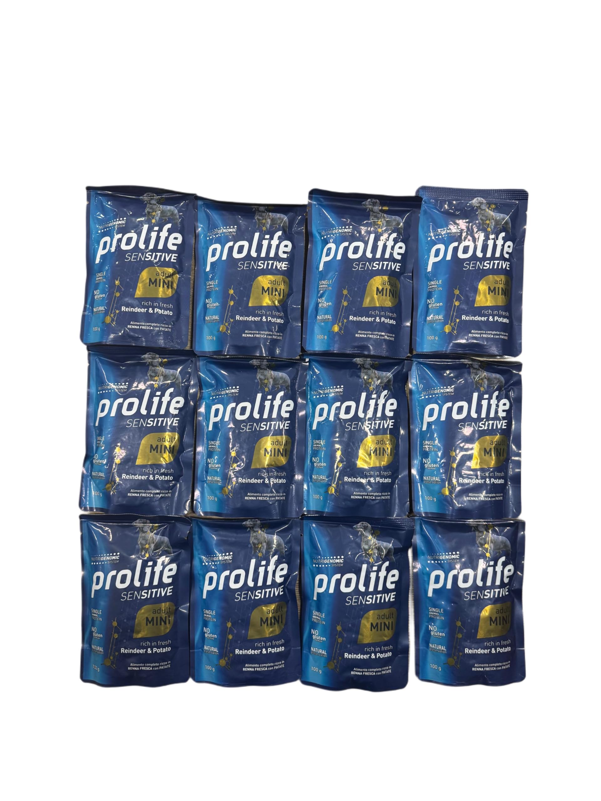 Prolife Umido Cane Sensitive Adult Mini, alimento completo per cani adulti di tutte le taglie, gusto RENNA FRESCA e PATATE 100g | 12 bustine da 100 grammi l'una.