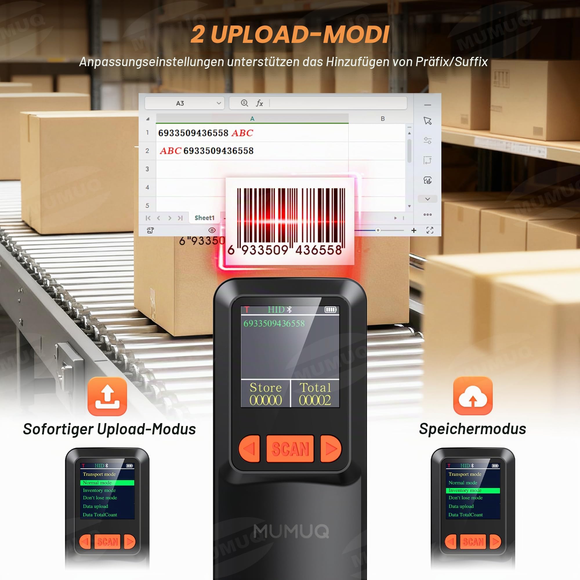 Kabelloser Barcode Scanner Mini mit LCD Display Bluetooth 1D 2D QR Code 3-in-1 Kompatibel Windows Android iOS