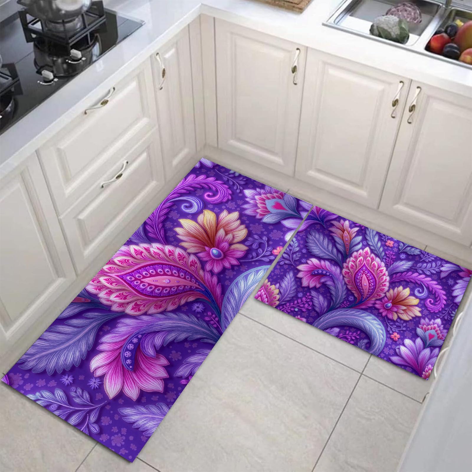 Tapis de cuisine lavable fini les glissades avec le lot antidérapant violet 3D