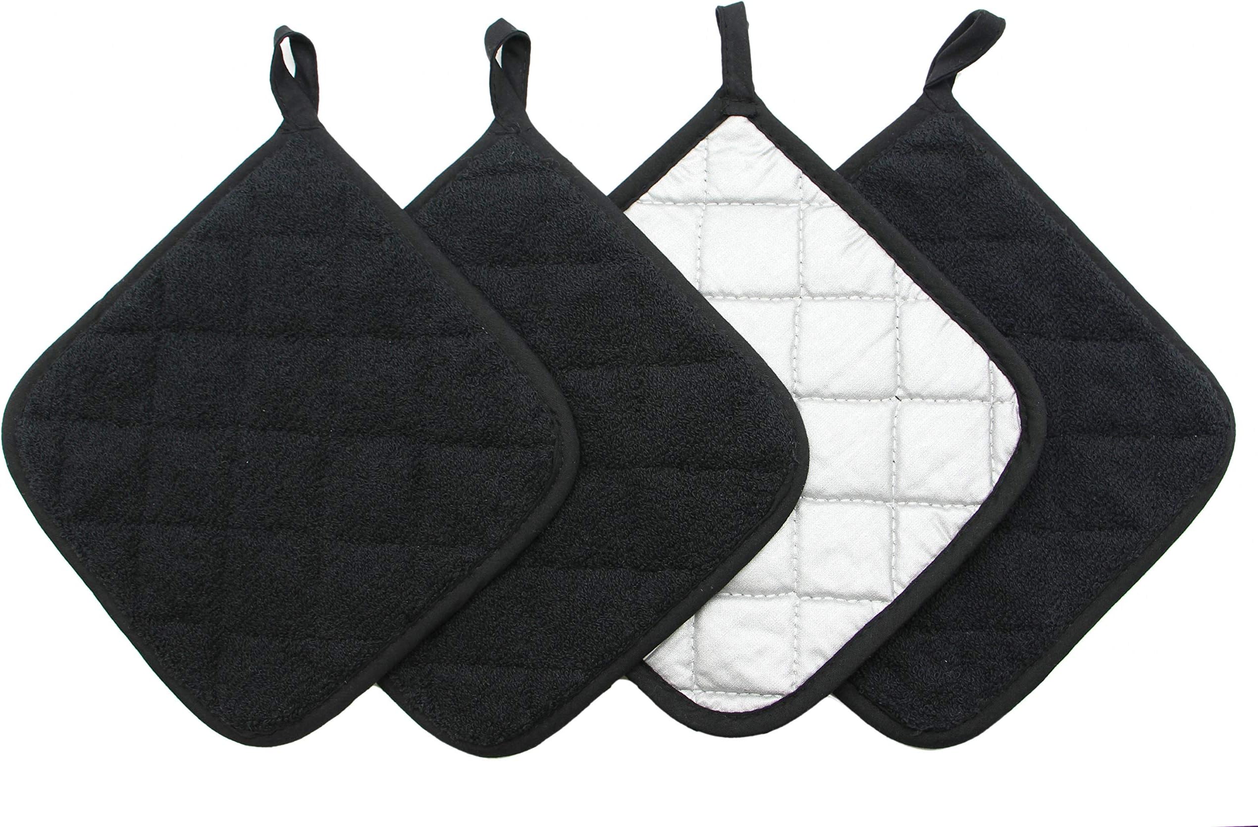 Cotton Pot Holders Cotton Made Machine Washable Heat Resistant Everyday Kitchen Basic Terry Pot Holder, Hot Pads, Trivet for Cooking and Baking Set of 4 (Black)