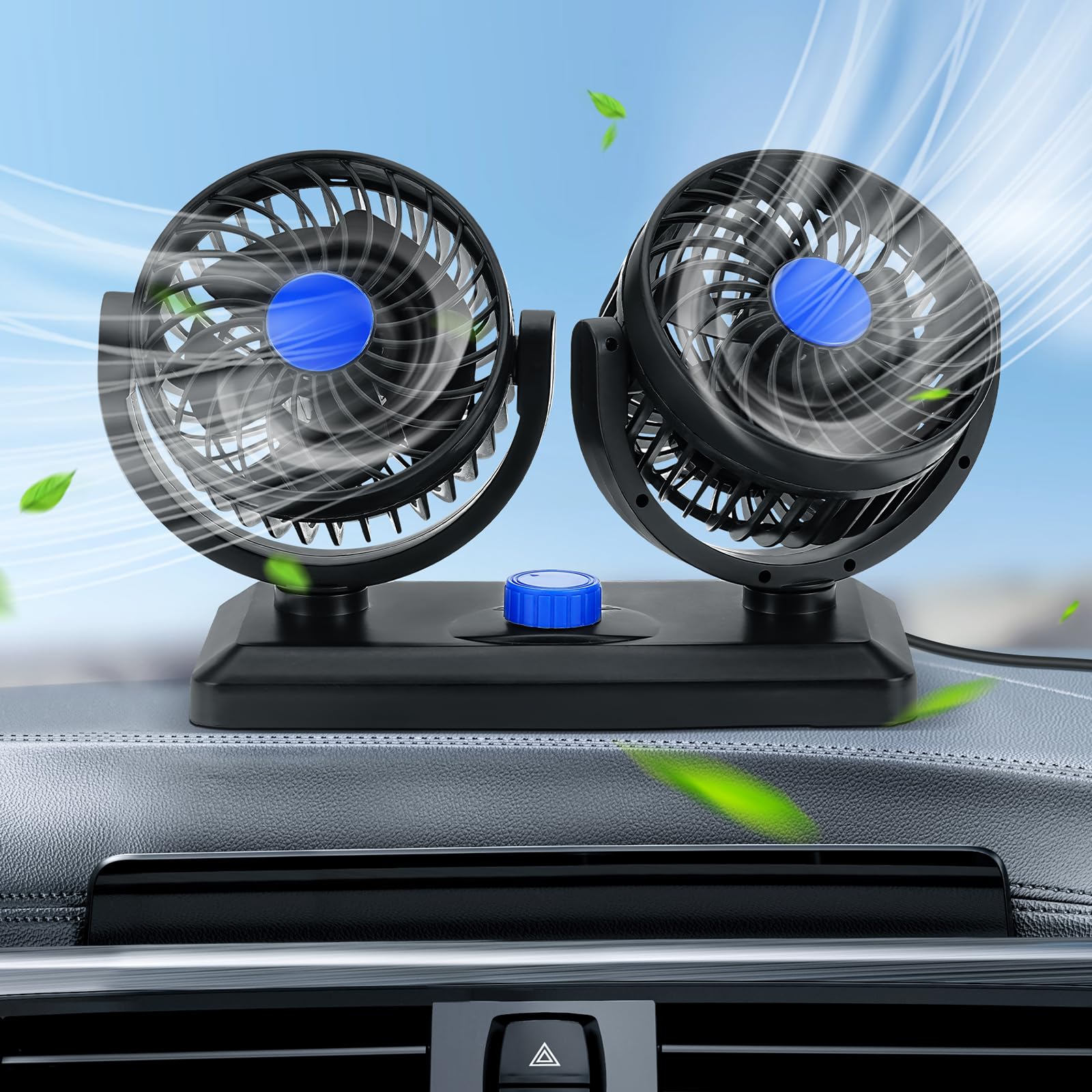 Ventilateur de refroidissement portable pour voiture, ventilateur de voiture 12V/24V, ventilateur de tête double avec ventilateur de refroidissement réglable à 2 vitesses (12V bleu)