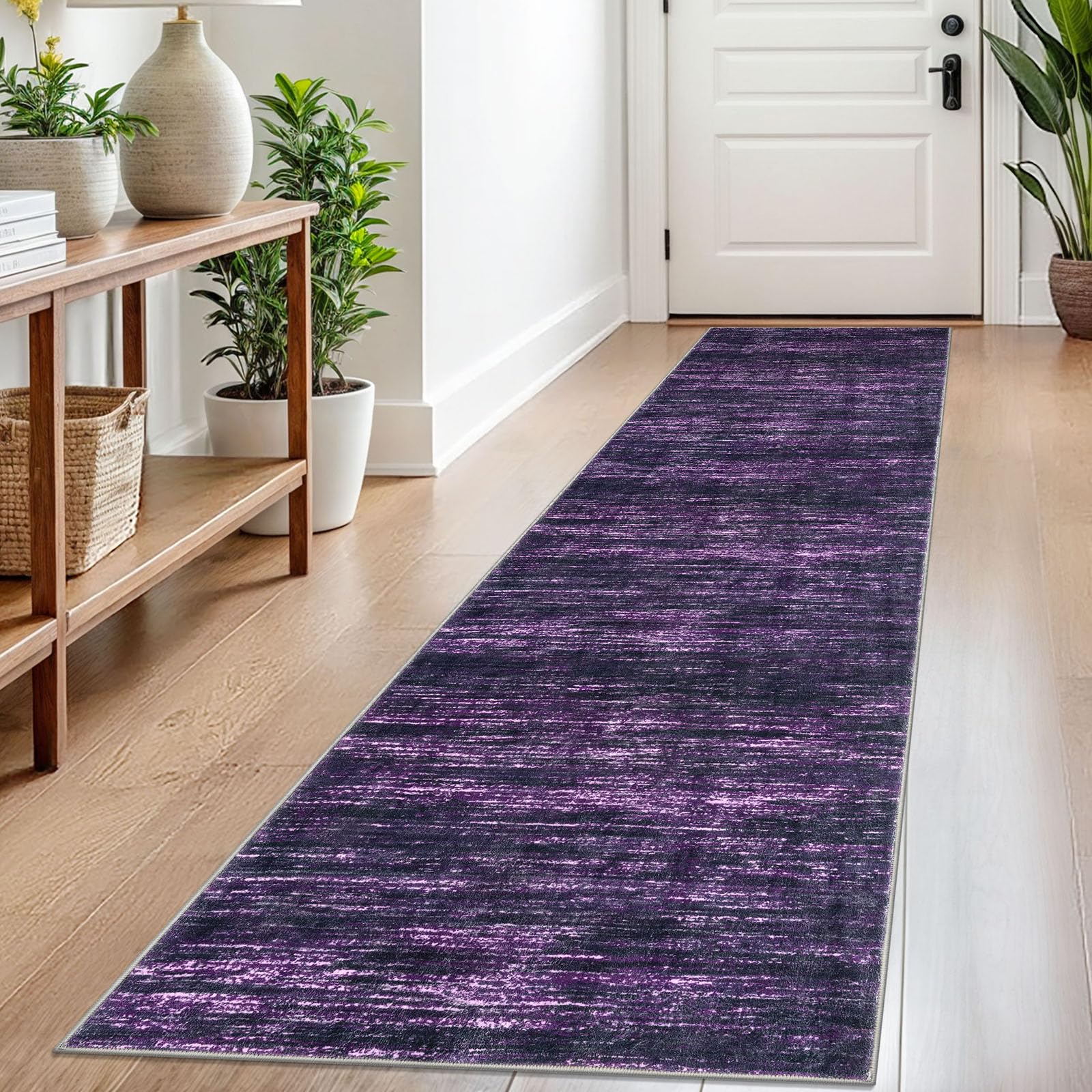 SIILOOM 2x8 Modern Abstract Runner Rug for Hallways, Purple White Super Soft Hallway Decor Kitchen Rugs with Non-Slip, Non-Shedding Washable Rug for