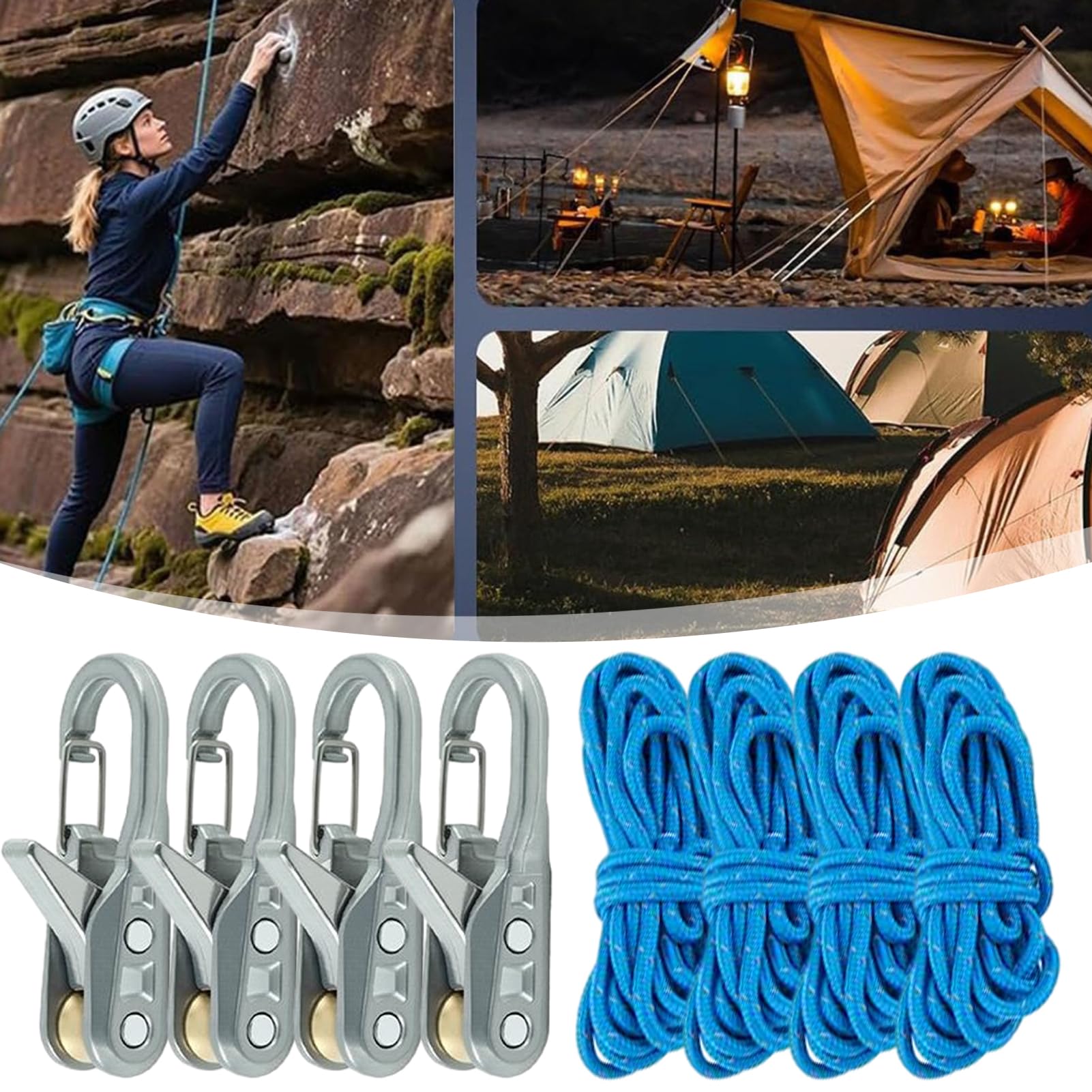Retractable Rope Roller Ratchet Straps Set, Knot-Free Camping Rope Tightening Tool with Cam Lock, Paracord Rope Pulley Tensioner Clips, 6-Pack Outdoor Tools (4)