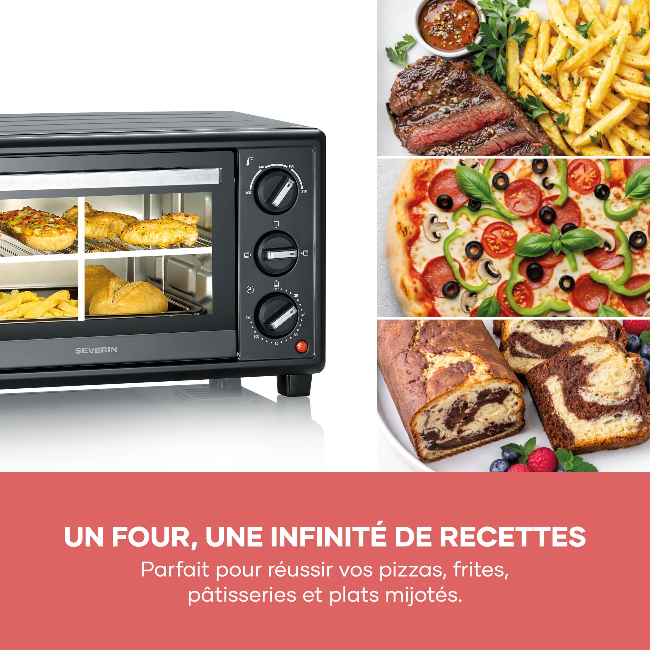 SEVERIN Four posable 20 L, avec grille et plaque de cuisson incluses,1 600 W, thermostat jusqu'à 230 °C, design simple et élégant, Mini-four électrique avec minuteur 120 min, Noir, TO 2078