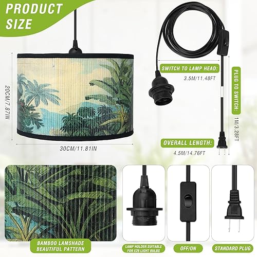 Miniatura 4 de Bioaqua Pantalla de lámpara de bambú, luces colgantes con cable de enchufe (15 pies), lámpara colgante colgante con patrón, luces colgantes bohemias