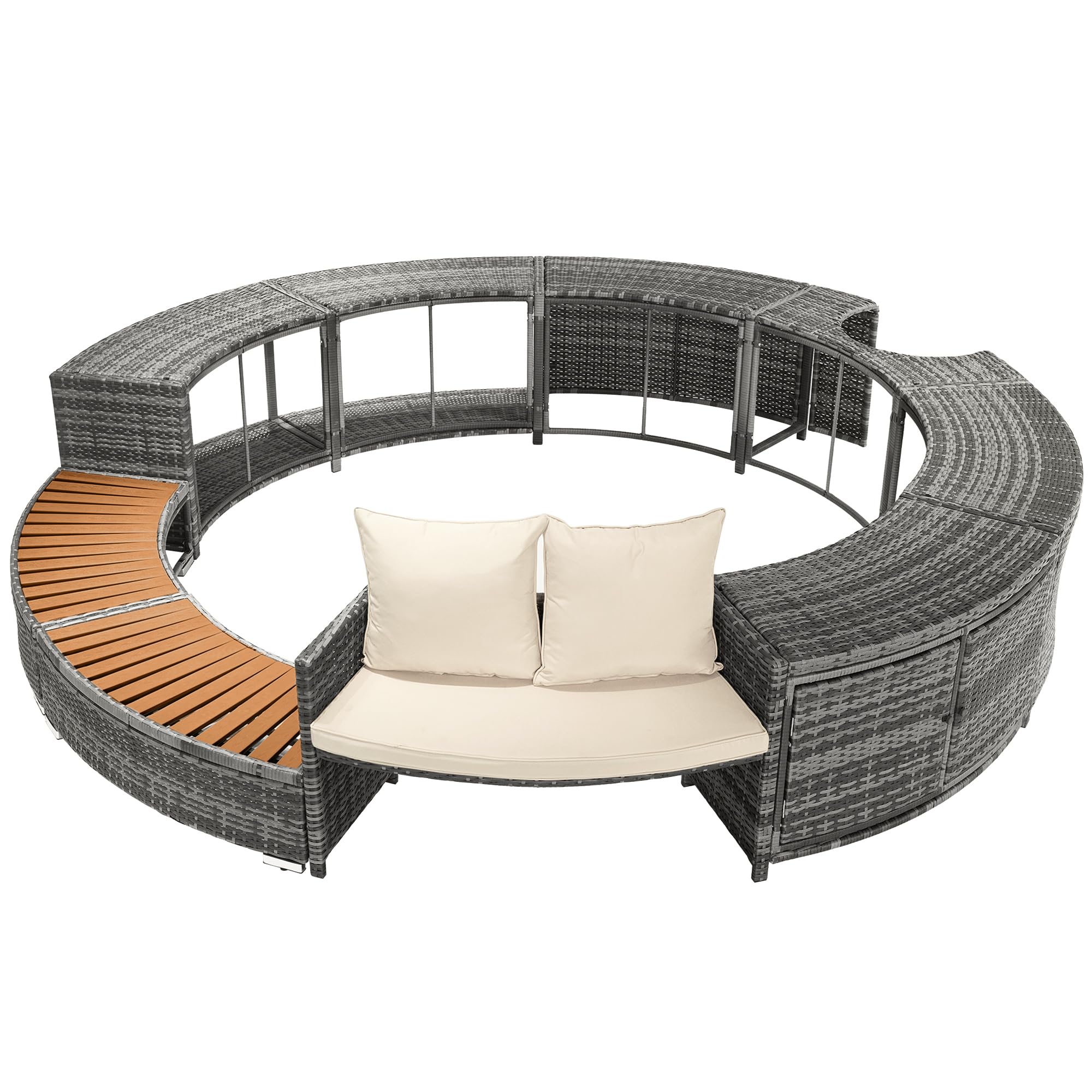 Idemon Set lounge da giardino con divano rotondo, set di mobili da giardino, lounge per vasca idromassaggio e piscina, con piedini regolabili, cuscino incluso, mobili per terrazza, giardino o piscina