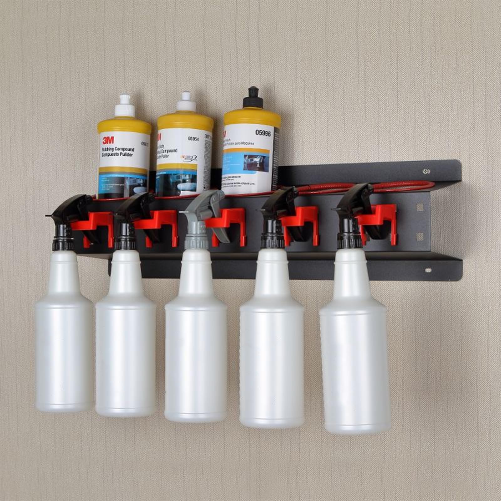 Support mural pour bouteilles pulvérisateurs - Organiseur de garage - Barre de suspension - Accessoires de salon de beauté de voiture - Porte-outils de nettoyage et de détail avec 5 crochets