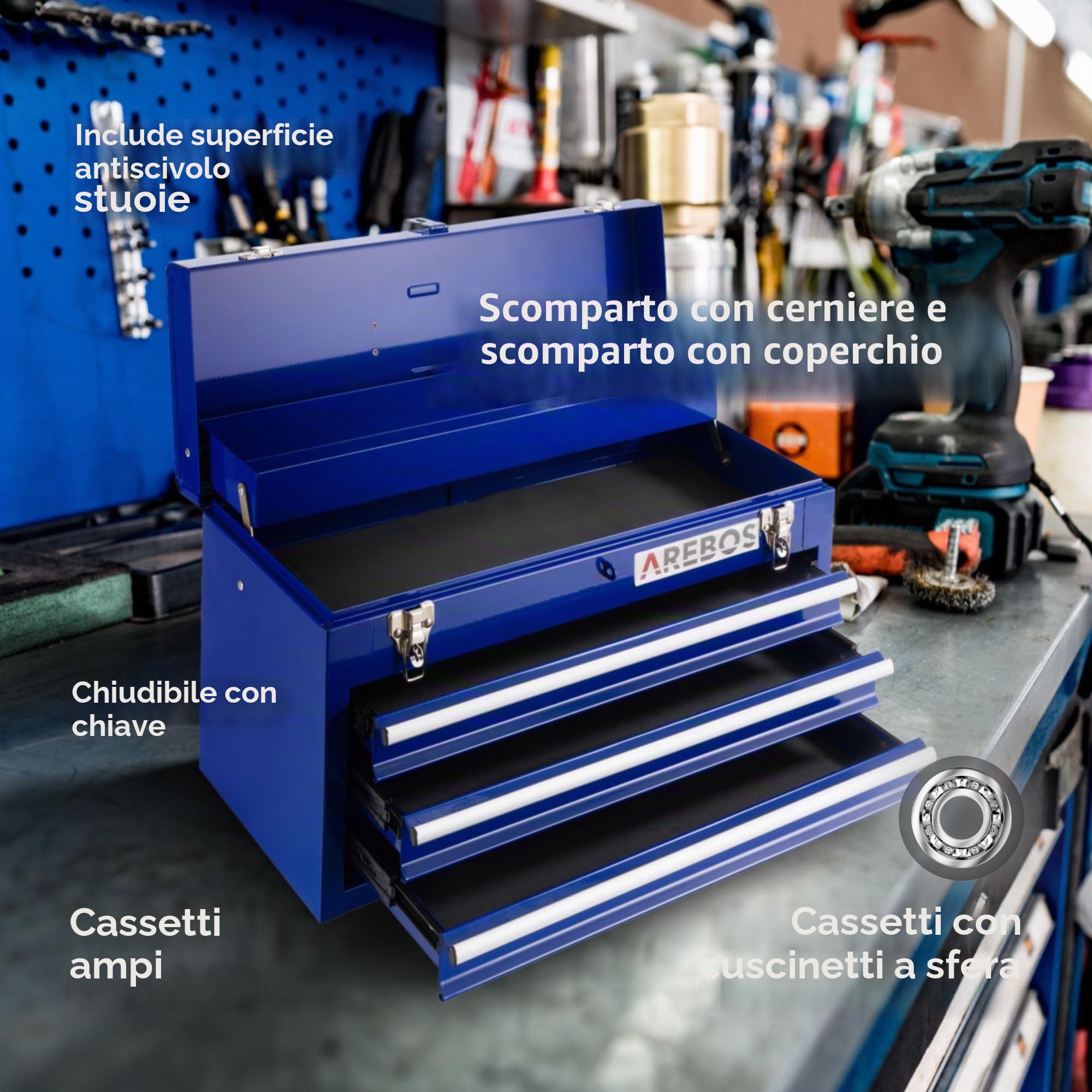 Arebos Cassetta degli Attrezzi | 3 Cassetti | Blu | con Tappetini antiscivolo | Funzione snap-in