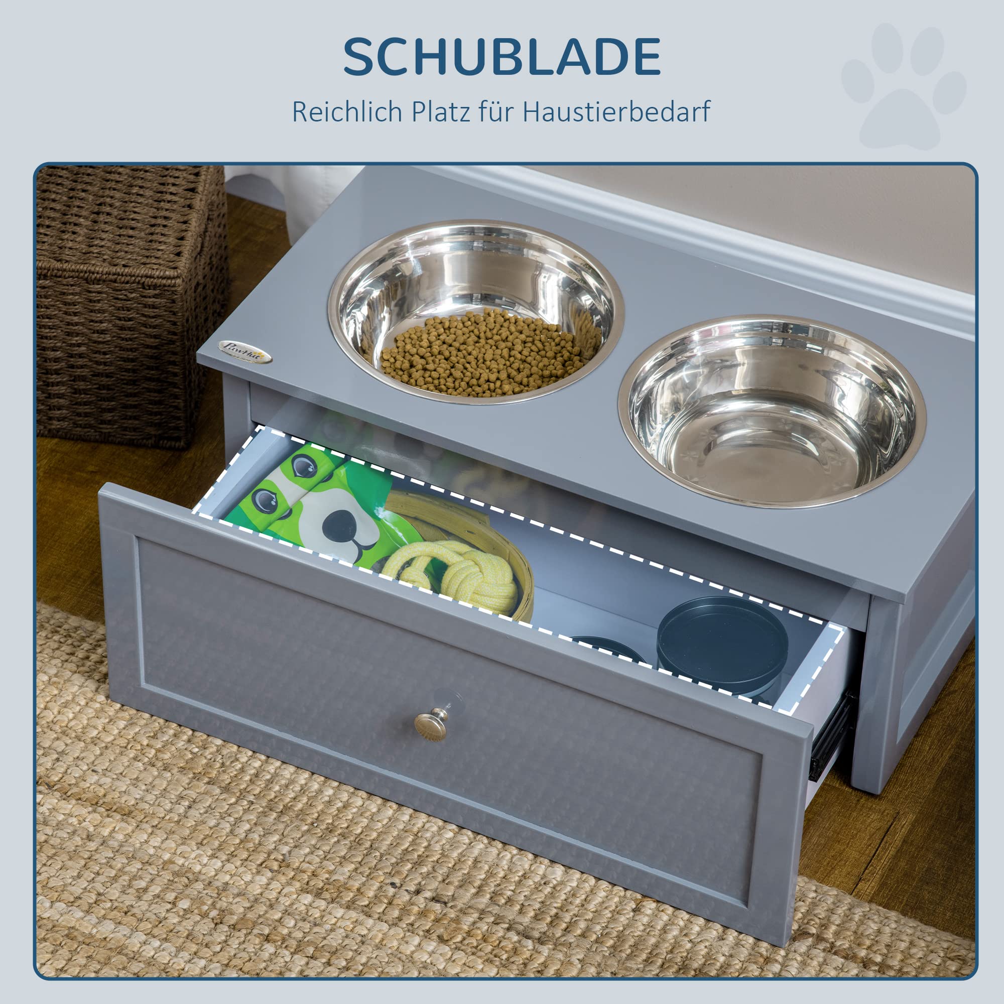PawHut ciotola per cani con cassetto, ciotola per cibo rialzata, doppia ciotola per cani in acciaio inox, ciotola per cani di taglia media, ciotola per cani con spazio di archiviazione, ciotola per
