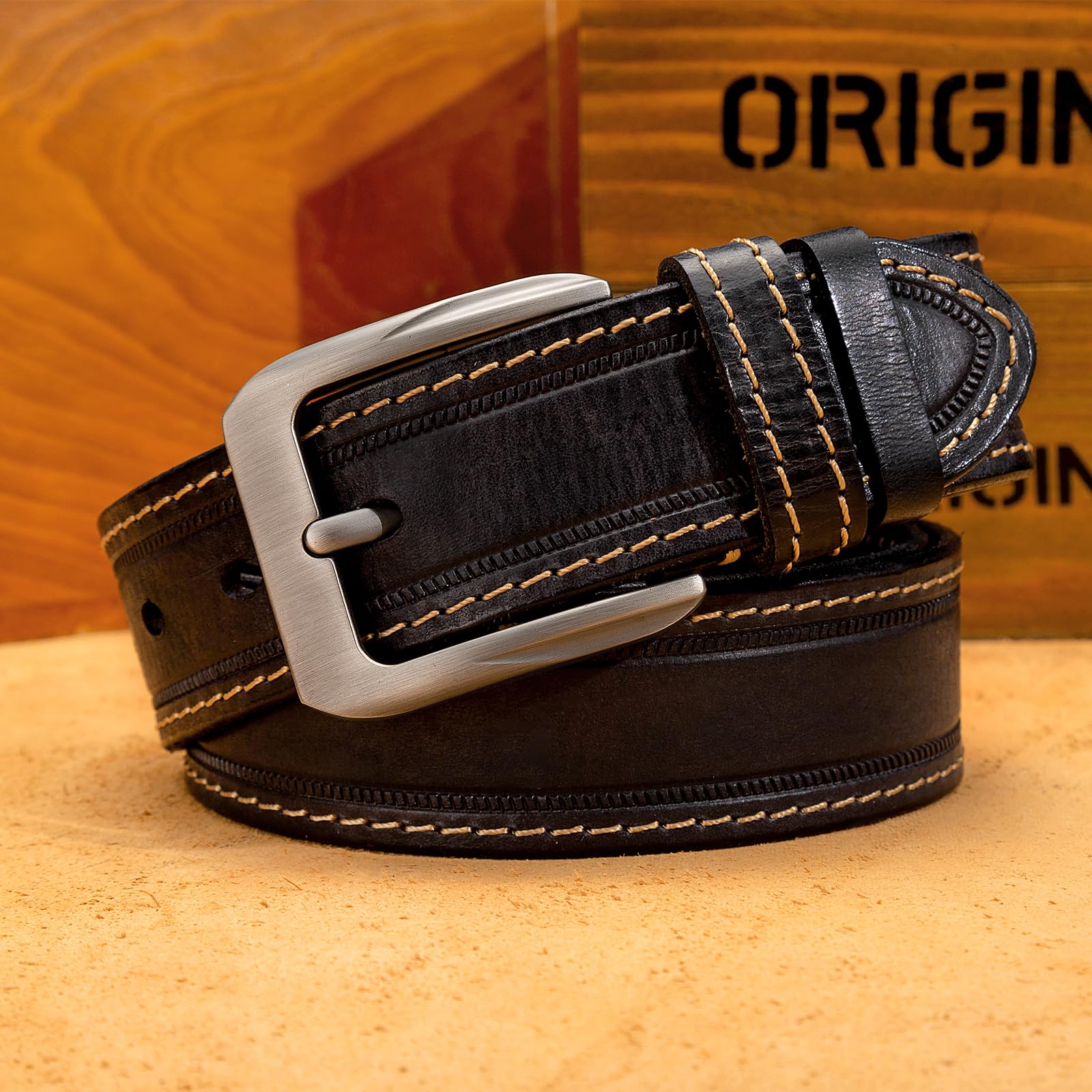 Ceintures pour homme en cuir pleine fleur véritable italien véritable ceinture de cowboy occidental 3,8 cm de large, ceinture décontractée pour jean, boîte cadeau