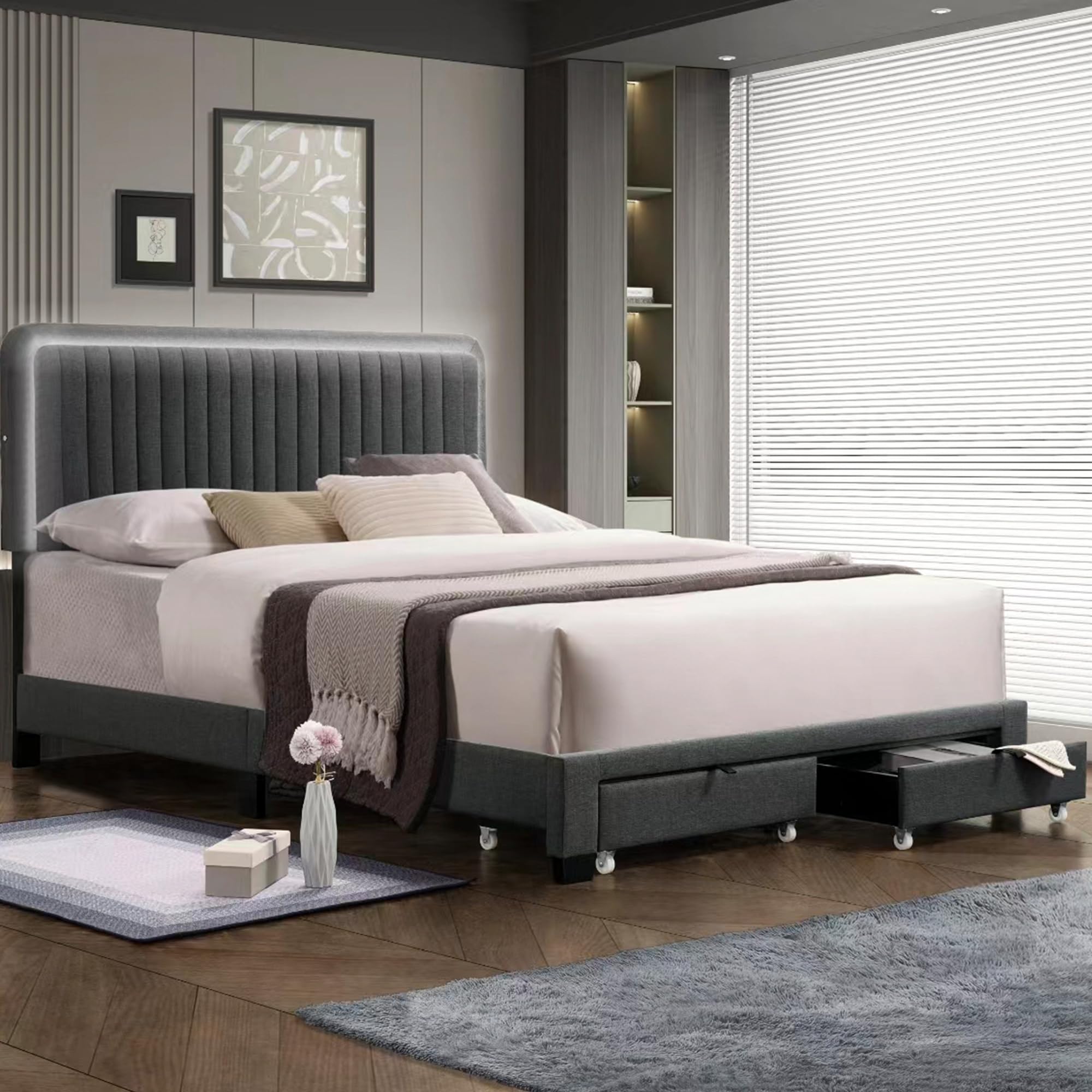 Queen Size Upholstered Bed with Adjustable Height Led Design with Footboard 2 Drawers Storage, No Box Spring