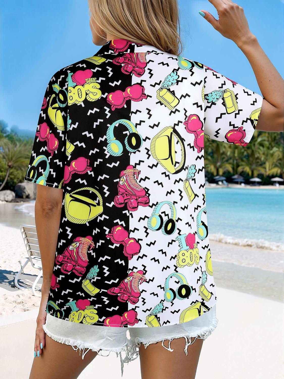 MYMORE 80s 90s Outfits for Women Retro 80's Print Short Sleeve Button Down Shirt Disco Party Hawaiian Shirts - Image 4