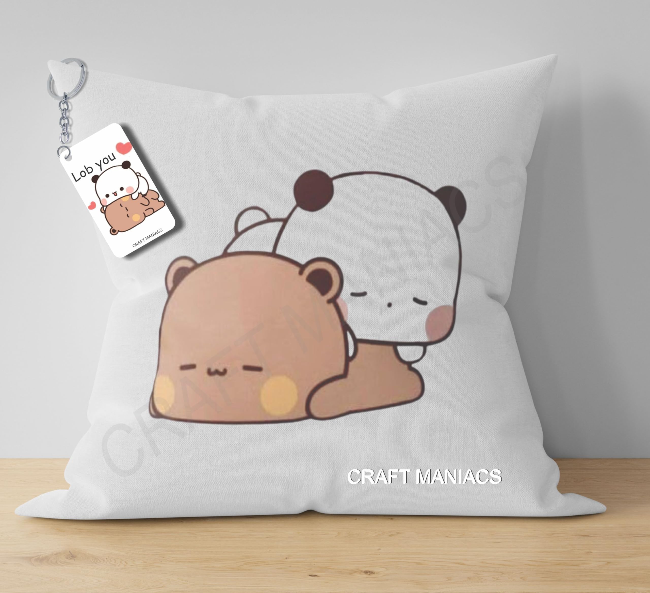 Bubu Dudu On Each Other Pillow Keychain Combo : A 16 * 16 Pillow with Filler Inside & Free Wooden MDF Keychain-image-15